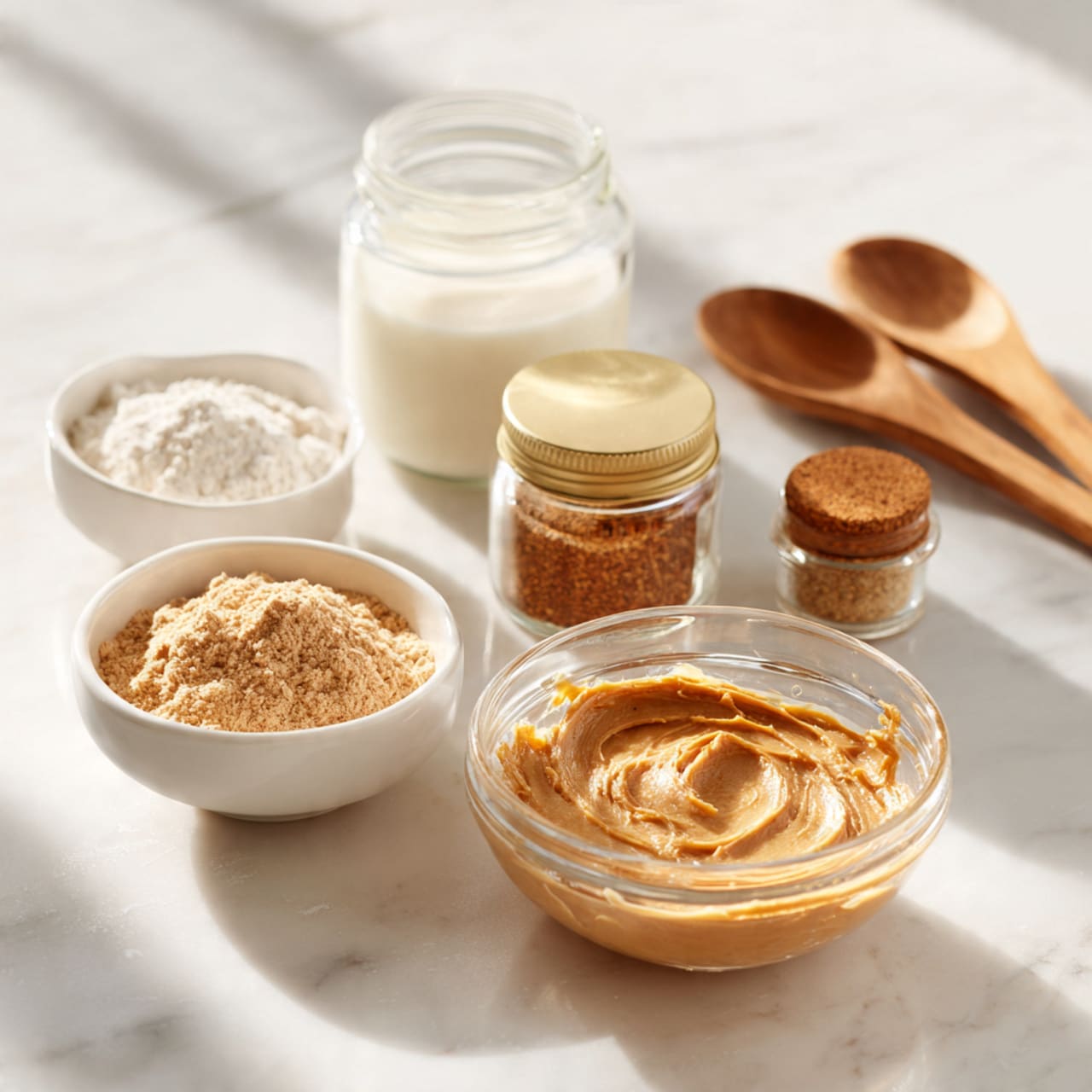 The image shows four small containers with different ingredients set on a white marbled surface. In the front row, there is a clear glass bowl filled with smooth peanut butter, its light brown color and creamy texture clearly visible. Behind it to the left, a white bowl holds a light brown powder with a fine texture. Next to it in the center, an open glass jar contains white liquid, likely milk, with a smooth surface. Further back, two small jars with beige lids hold different spices or seasonings. On the right side of the frame, three wooden spoons lie on the surface, adding a natural element. The whole scene is lit by soft daylight coming from the left, casting gentle shadows and highlights. photo taken with an iphone --ar 4:5 --v 7