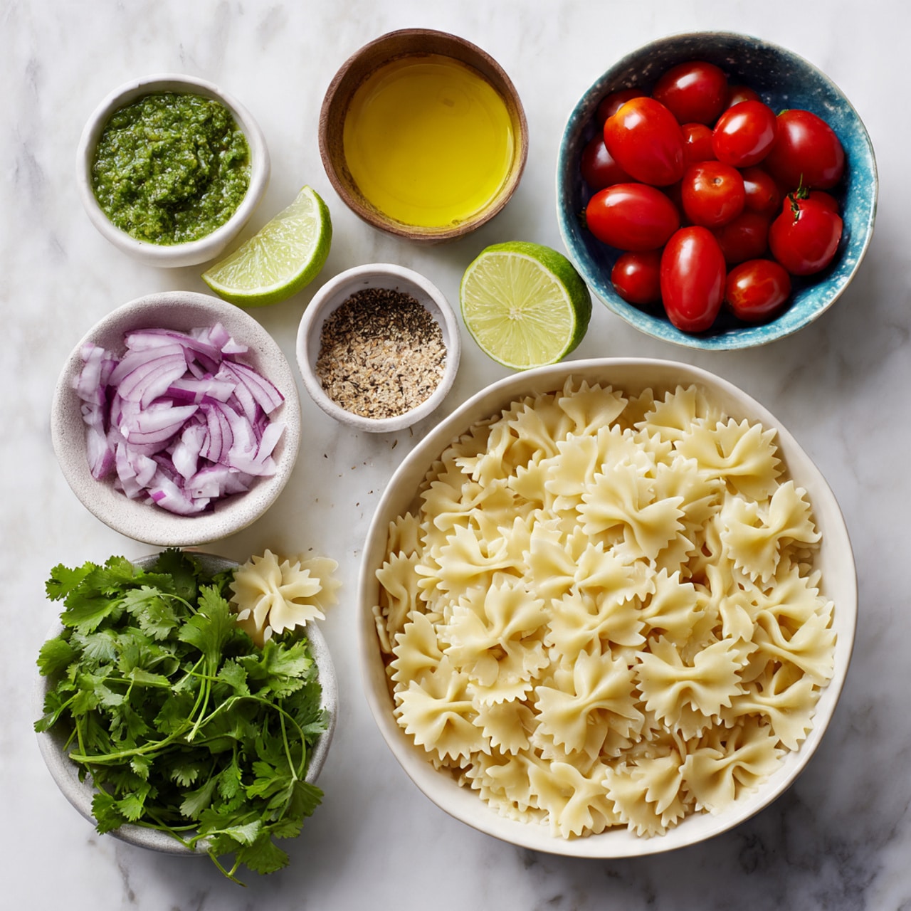 The image shows a white oval plate filled with three layers of farfalle pasta mixed with bright red cherry tomato halves, pink shrimp, and green chopped herbs. The pasta is pale yellow with a slightly glossy texture, and the shrimp are placed evenly on top, showing light pink and white colors with a light char. The cherry tomatoes add bright red pops across the dish. Scattered chopped red onions and green herbs are spread over the pasta and shrimp, giving a fresh look. The plate sits on a white marbled surface. A wooden fork and a small white bowl with olive oil are visible in the background, along with a woman's hand reaching from the right side of the image. Photo taken with an iphone --ar 4:5 --v 7