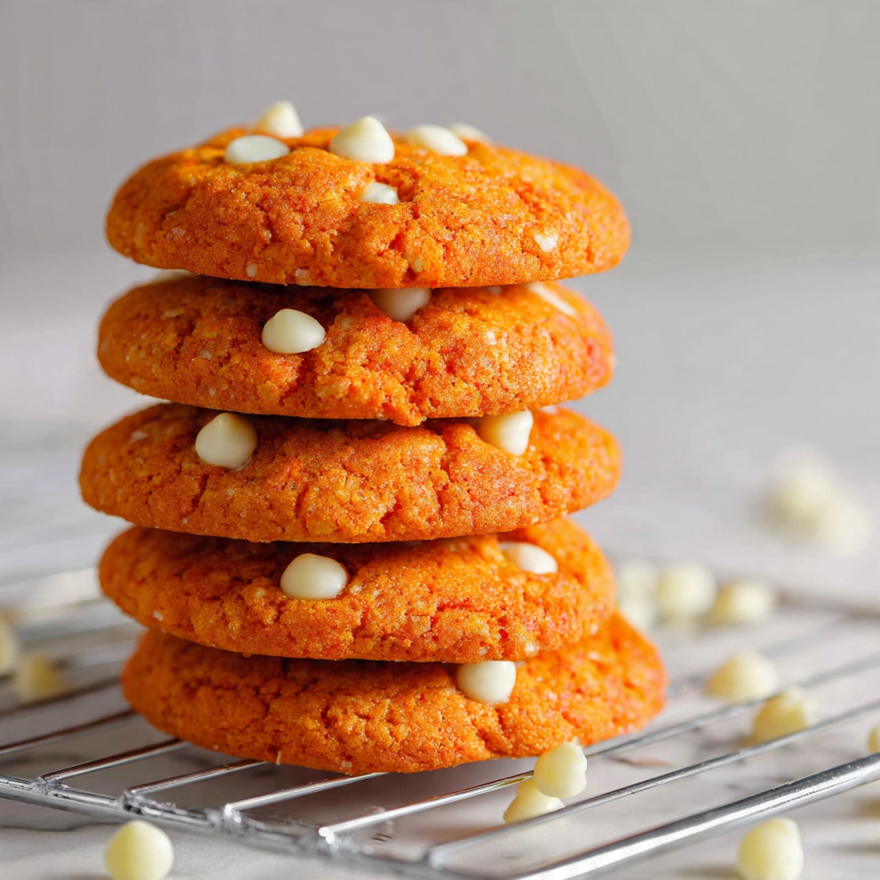 The image shows a stack of five bright orange cookies with a soft, slightly cracked surface, each embedded with a few small white chocolate chips scattered unevenly across the top. The cookies are round and thick, arranged on a metal cooling rack over a white marbled surface with a few white chocolate chips scattered around. The bright orange color of the cookies contrasts with the white chips, creating a warm and inviting look. Photo taken with an iphone --ar 4:5 --v 7