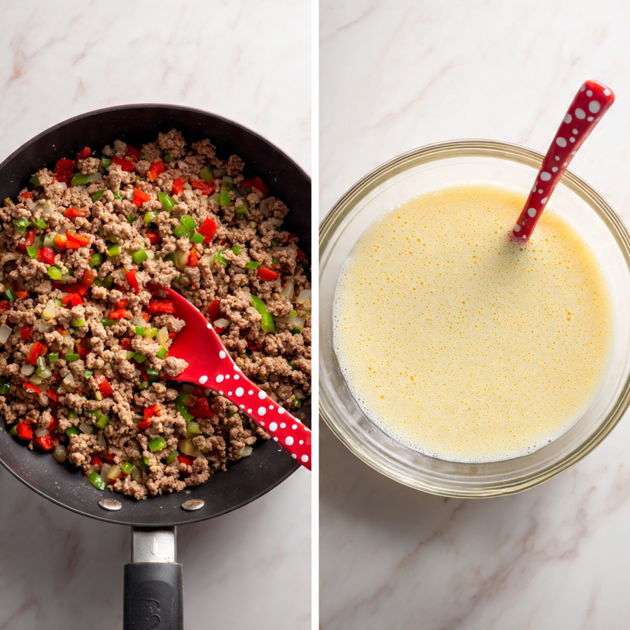 The image shows two side-by-side views on a white marbled surface. On the left, there is a black pan full of cooked ground meat mixed with small pieces of red and green bell peppers and onions, with a red spoon with white dots resting on the side of the pan. On the right, there is a clear glass bowl filled with a light yellow foamy mixture. Photo taken with an iphone --ar 4:5 --v 7