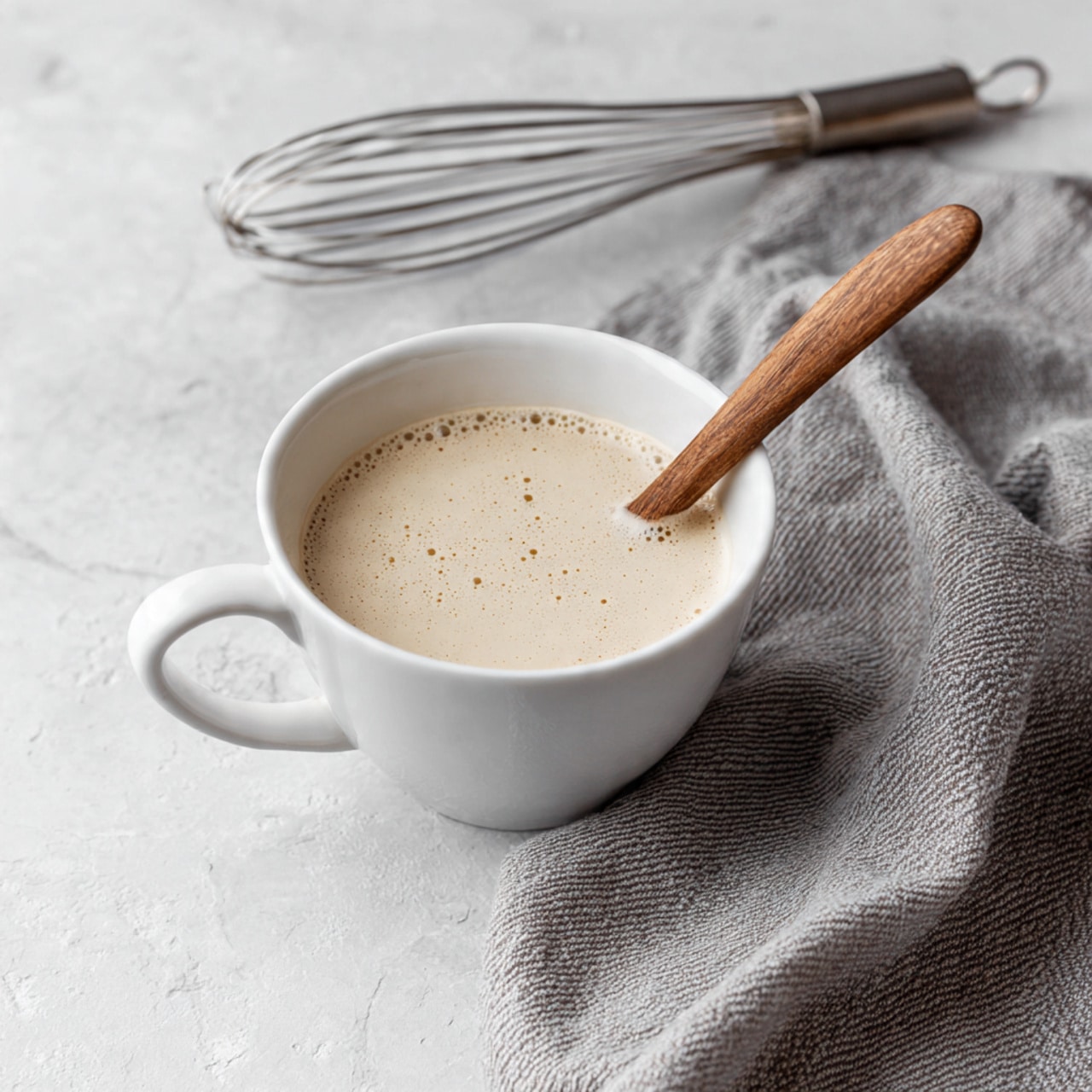 A white cup filled with a light beige creamy liquid with small bubbles on top, a wooden spoon resting inside the cup near the rim. The cup is placed on a white marbled surface next to a textured gray cloth, with a metal whisk slightly blurred in the background. photo taken with an iphone --ar 4:5 --v 7