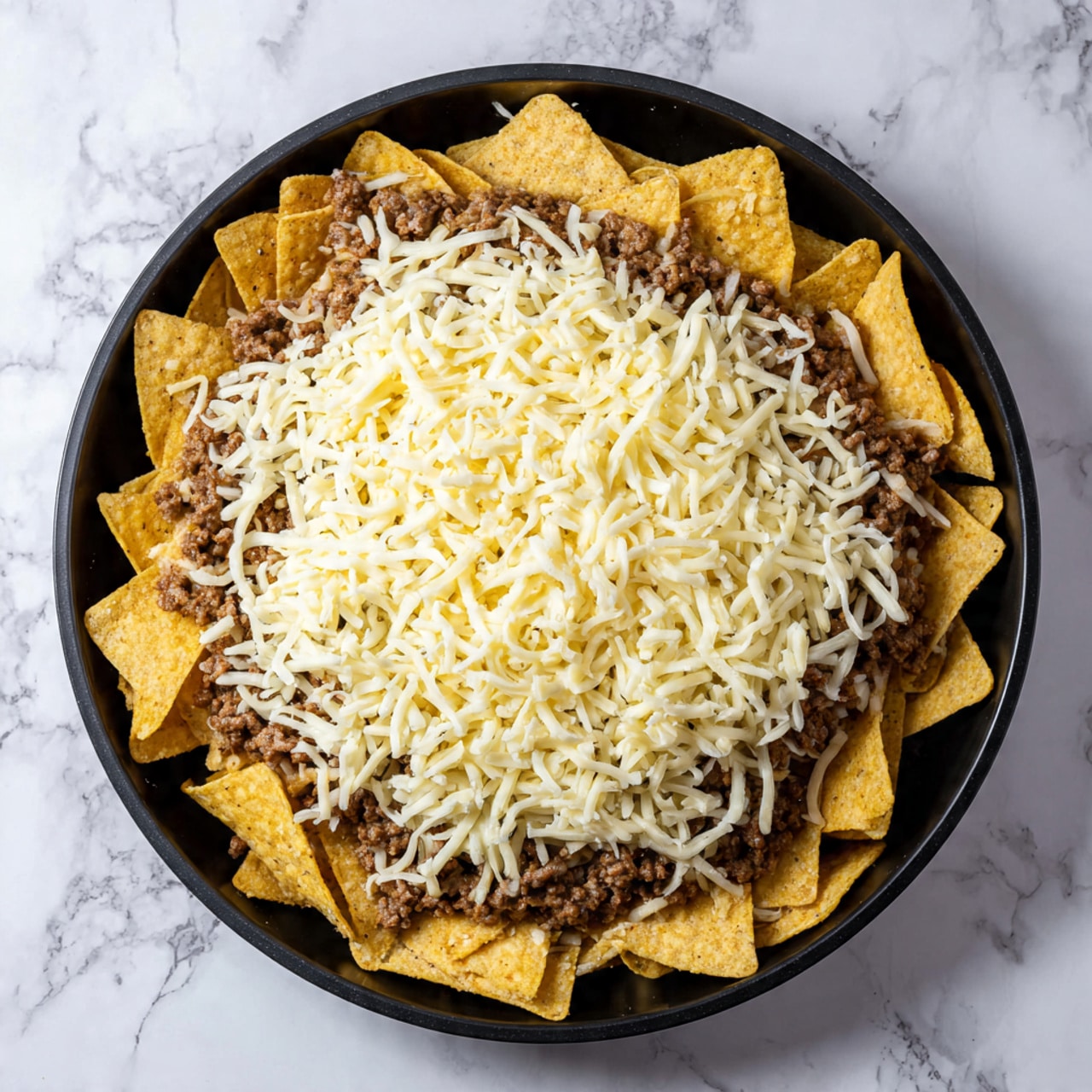 A black pan holds a dish with three visible layers. The bottom layer is yellow triangular tortilla chips arranged in a circle with their points outward. On top of the chips is a layer of cooked ground meat in a brown color, spread evenly. The top layer is a thick pile of shredded white cheese covering most of the meat and chips. The pan sits on a white marbled surface. photo taken with an iphone --ar 4:5 --v 7