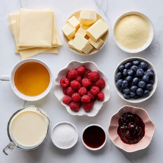 The image shows ingredients arranged neatly on a white marbled surface with labels for each item. At the top left, there are two square sheets of vegan-friendly puff pastry, light beige and smooth with subtle wrinkles. To the right of the pastry, a small white bowl filled with light yellow custard powder with a powdery texture. Below it, another small white bowl holds several cubes of pale yellow vegan butter, solid and smooth. At the bottom left, a clear glass measuring cup contains creamy beige dairy-free milk. Next to it is a small white bowl of thick golden maple syrup. Above the syrup is a scalloped white bowl filled with fresh berries including red raspberries and dark blue blueberries, ripe and textured. To the right of the maple syrup is a small white bowl with white granulated sugar. Below the sugar is a pink scalloped bowl with dark red jam or conserves, shiny and spreadable. Finally, at the bottom left corner is a tiny white bowl with dark brown vanilla extract, smooth and glossy. Photo taken with an iphone --ar 4:5 --v 7