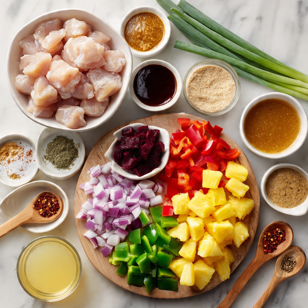 A white bowl filled with raw chicken pieces sits near the top center on a white marbled surface. To the right are two green onions lying flat. Several small white bowls hold different sauces and ingredients: a dark brown BBQ sauce, light brown sesame oil, a small amount of garlic paste, and honey mustard. A small glass bowl contains brown sugar. In the center bottom, a wooden board displays chopped vibrant bell peppers in green and red colors, purple red onion pieces, and bright yellow pineapple chunks all arranged in separate sections. Around the board on the surface are small wooden spoons with red pepper flakes, garlic powder, salt, and black pepper in neat piles. A glass of light yellow pineapple juice sits in the lower left corner. photo taken with an iphone --ar 4:5 --v 7