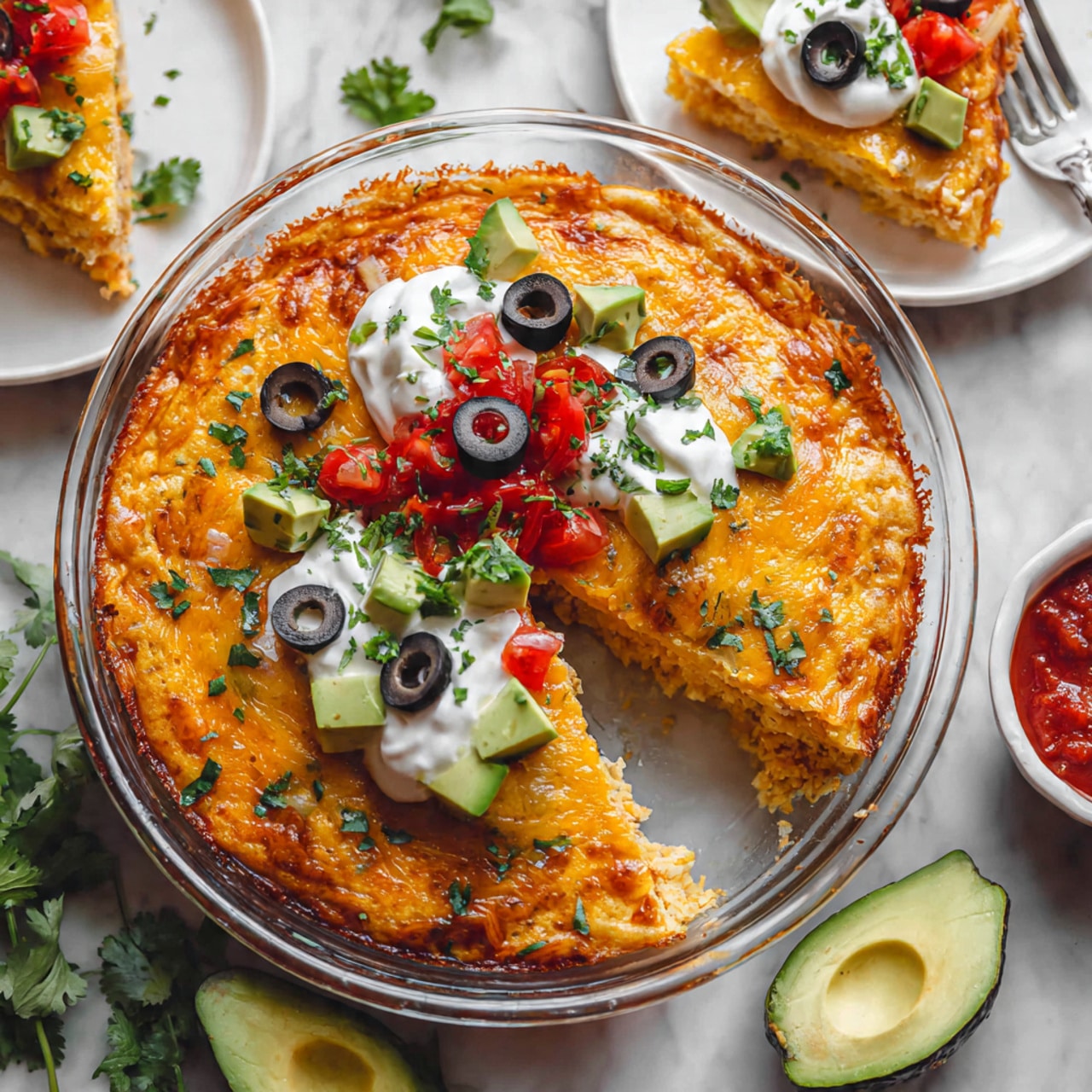 A glass round baking dish filled with a thick orange cheesy baked casserole, with a missing slice showing the texture inside. Two white plates each hold a slice of the casserole; the slices are topped with green avocado cubes, dark sliced olives, and green chopped cilantro leaves. One slice also has a dollop of white sour cream and some red salsa. There are fresh avocado slices and cilantro sprigs on a white marbled surface around the plates. photo taken with an iphone --ar 4:5 --v 7