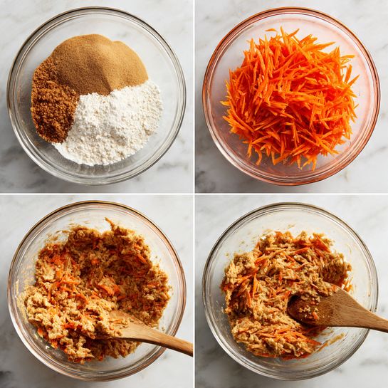 A clear glass bowl holds layers of ingredients on a white marbled surface. In the first image, there are six distinct ingredients placed without mixing: light brown sugar, white sugar, cinnamon and ginger powder, flour, and baking powder, arranged so each ingredient occupies its own section in the bowl. In the second image, shredded bright orange carrots lie on top of a wet liquid mixture in the same bowl. The third image shows a wooden spatula mixing the ingredients, with the texture starting to look thick and chunky, the orange carrots spread unevenly through the mixture with some flour still visible. In the final image, the batter is fully mixed into a smooth, thick, light brown mass with orange carrot bits visible throughout, and the wooden spatula resting inside the bowl. Photo taken with an iphone --ar 4:5 --v 7