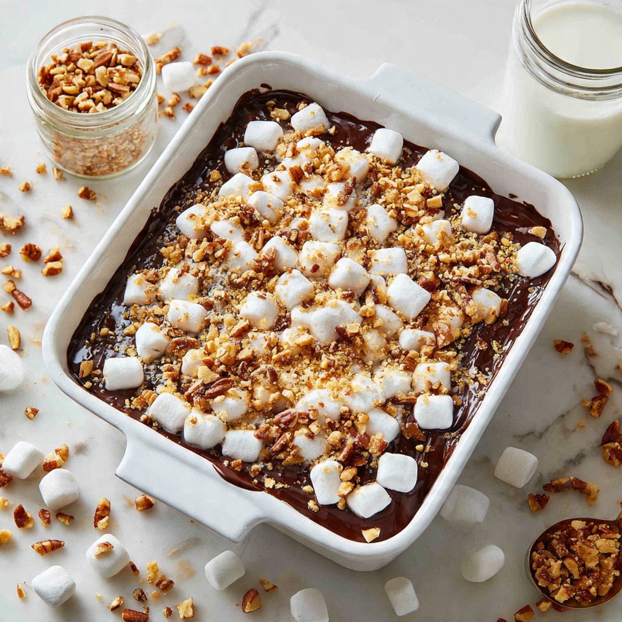 The image shows various baking ingredients placed on a white marbled surface, each in a small white bowl or container. From the top left, there are two white eggs in a white bowl, a white bowl filled with small white marshmallows, a white bowl holding brown pecans, and a small white pitcher with milk. Below, there is a white bowl full of white powdered sugar, a small clear glass with boiling water, a white bowl with white granulated sugar, and a stick of butter wrapped in yellow paper beside a white bowl holding three white powders labeled salt, baking powder, and baking soda. At the bottom left, there is a white bowl containing white flour and next to it another white bowl filled with dark brown cocoa powder. A small clear glass container with oil is placed beside the sugar. All items are neatly arranged in rows. Photo taken with an iphone --ar 4:5 --v 7