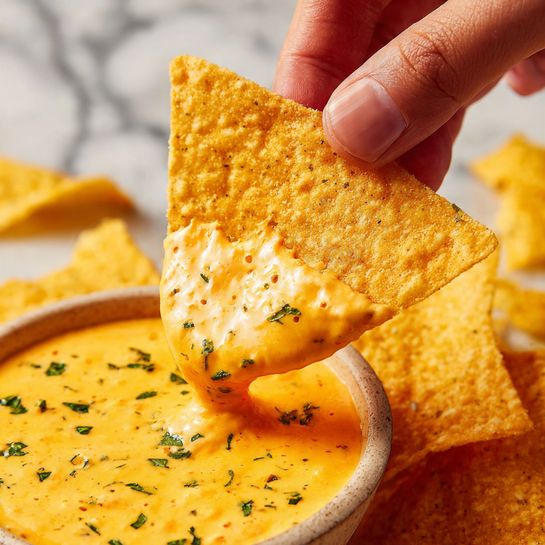 A close-up of a triangular corn chip being dipped into a warm, creamy, orange cheese sauce with small green herb pieces mixed in. The chip is light yellow with a rough texture, and the cheese sauce looks smooth and slightly melted, with some bubbles on its surface. The chip is held by a woman's hand, and the background shows more blurred corn chips on a white marbled surface. The overall scene is bright and warm. photo taken with an iphone --ar 4:5 --v 7