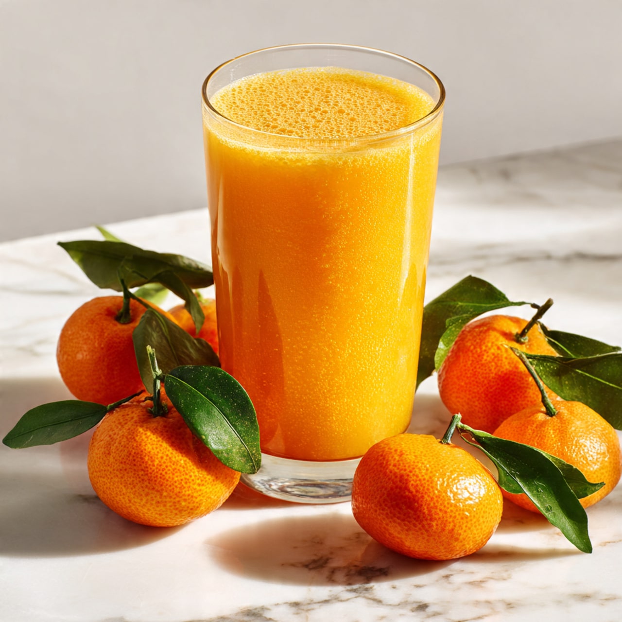 A clear glass filled with bright orange juice, showing a smooth and thick texture with tiny bubbles on the surface. Around the glass, there are six whole small orange fruits with green leaves attached, placed on a white marbled surface. The oranges are vibrant and fresh, some with a shiny skin and others with a matte look. The glass and fruits are well lit, casting soft shadows on the white marble below. photo taken with an iphone --ar 4:5 --v 7