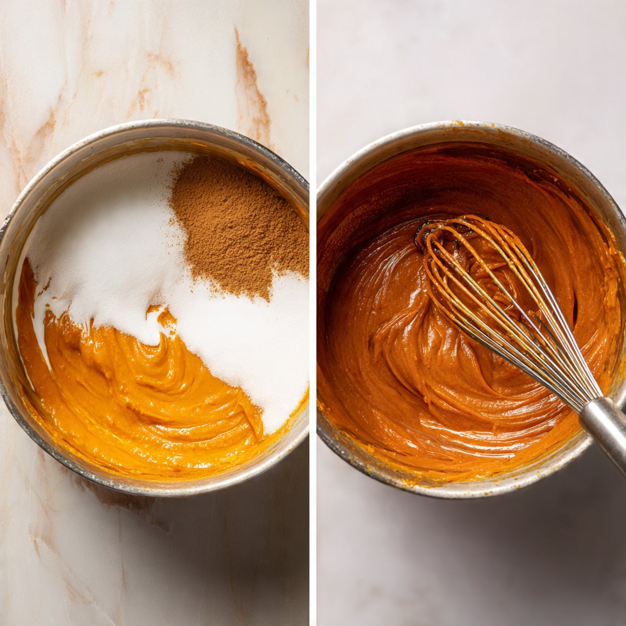 The image is split into two parts: the first part shows a close-up of a silver pot on a white marbled surface with three layers inside — a large white layer of sugar on the top left, a small light brown layer of ground spice on the right, and a thick orange layer of pumpkin puree on the bottom left. The second part shows the same pot with the ingredients mixed into a smooth, thick brown-orange paste with a shiny texture; a silver whisk is partially visible in the pot stirring the mixture. Photo taken with an iphone --ar 4:5 --v 7
