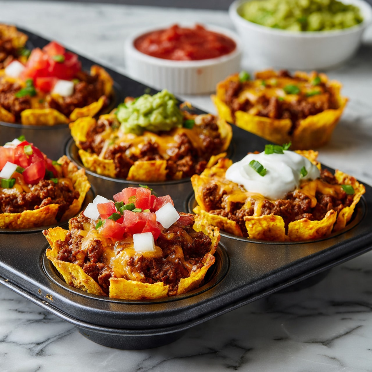 The image shows several taco cupcakes placed inside a dark baking tray on a white marbled surface. Each taco cupcake has three layers: the outer shell is a crispy yellow taco cup molded around the edges, filled with a layer of browned seasoned ground meat. On top of the meat is a melted layer of orange and white cheese that covers it partially. The top layer varies: some cupcakes have diced red tomatoes, small white cheese cubes, and green chopped scallions, while others have a scoop of green guacamole or bright red salsa. Small white bowls with white sour cream and green guacamole sit off to the side, adding extra color to the scene. Photo taken with an iphone --ar 4:5 --v 7