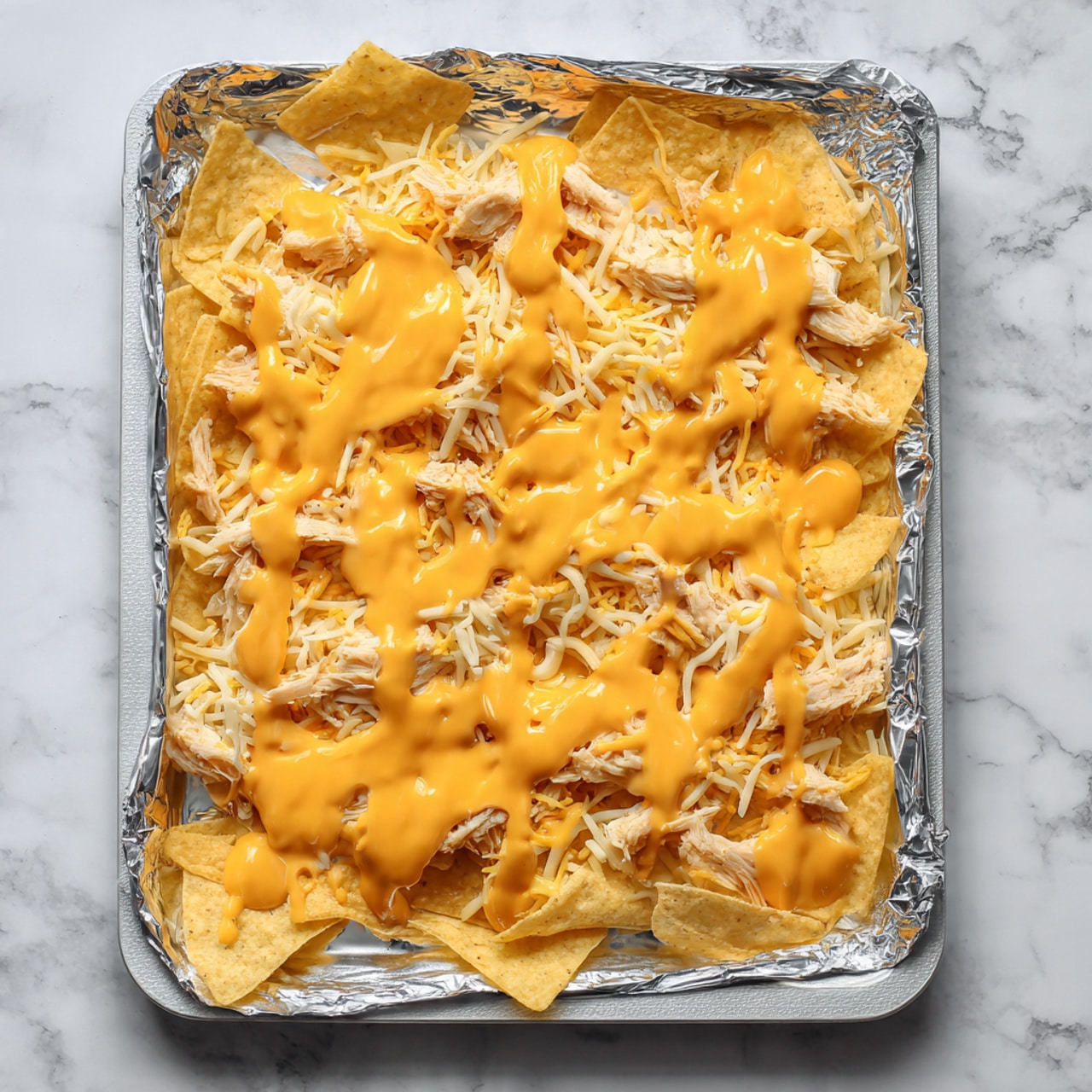 A large white baking tray lined with silver foil holds a single layer of yellow tortilla chips as the base. On top, shredded light brown chicken pieces are spread evenly, followed by a scattering of shredded pale yellow cheese. Bright orange melted cheese sauce is drizzled over the top, creating glossy, smooth patches in between the dry ingredients. The tray sits on a white marbled surface. Photo taken with an iphone --ar 4:5 --v 7