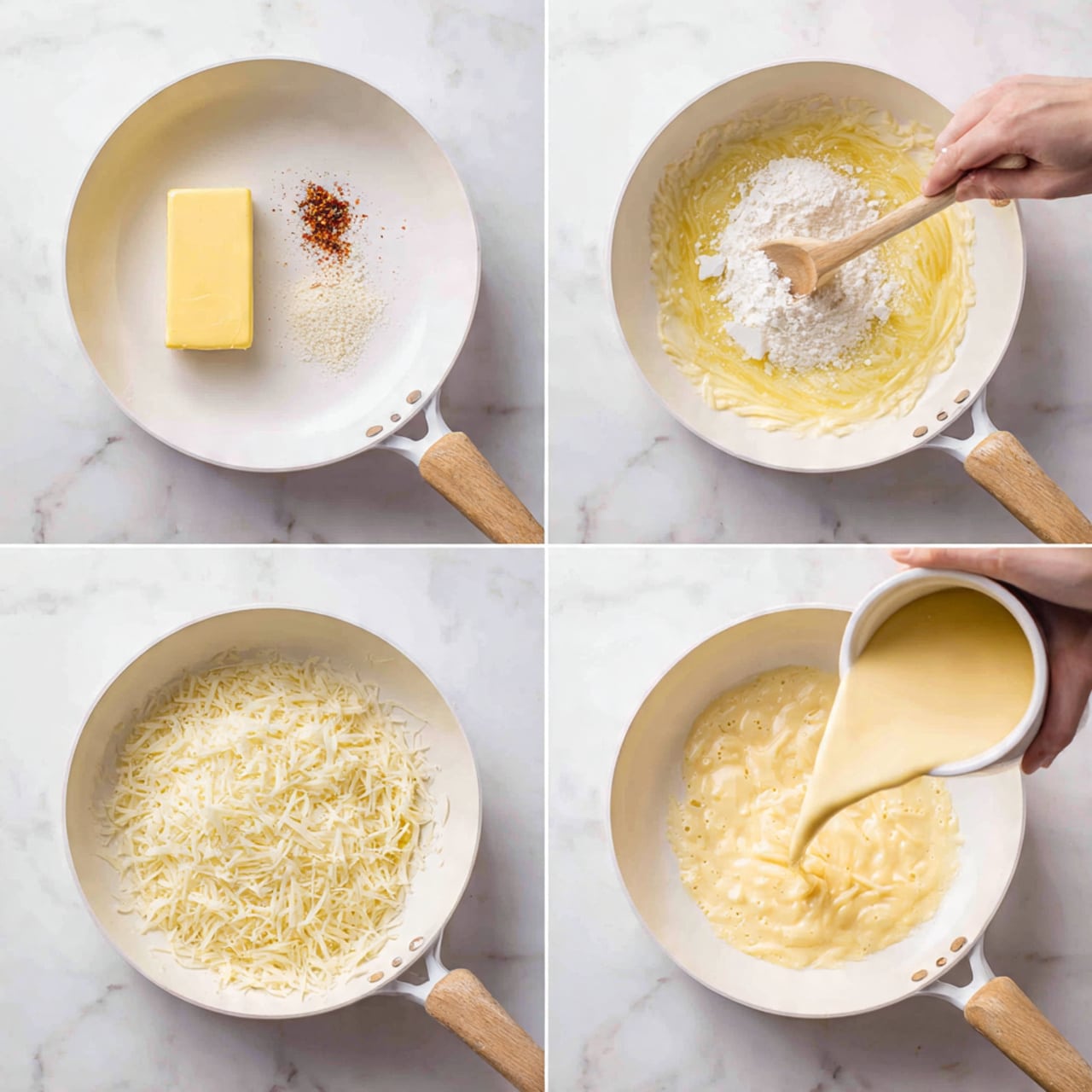 The image shows four steps of making a creamy cheese sauce in a white pan with a light wooden handle on a white marbled surface. In the first step, a stick of yellow butter with a small heap of white salt and red spice sits in the center of the pan. In the second step, a woman's hand stirs white flour into melted butter, creating a thick light yellow mixture with rough texture. The third step shows a woman’s hand pouring a frothy orange-yellow liquid into the thick mixture in the pan, forming a smooth creamy base. In the last step, the creamy orange sauce fills the bottom of the pan, topped with a pile of white shredded cheese in the center, ready to melt. Photo taken with an iphone --ar 4:5 --v 7