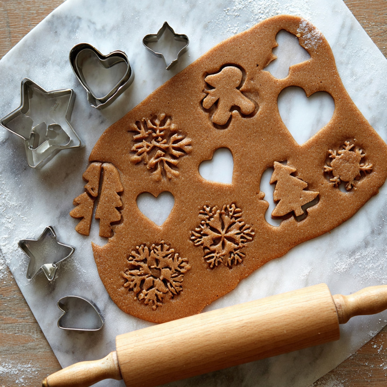 A flat round sheet of brown gingerbread dough is rolled out on white parchment paper, placed on a wooden surface. Several shapes are cut out from the dough, including a gingerbread person in the upper right area, hearts near the center and right side, several snowflakes of varying sizes around the middle and edges, and a tree shape on the right side. Small round holes are visible near the top of the cut shapes, likely for hanging. Around the dough are metal cookie cutters in the shapes of a heart, star, tree, snowflake, and candy cane, all placed on the parchment paper. At the bottom of the image lies a rolling pin with light wooden handles. The surface underneath all items is changed to a white marbled texture. photo taken with an iphone --ar 4:5 --v 7