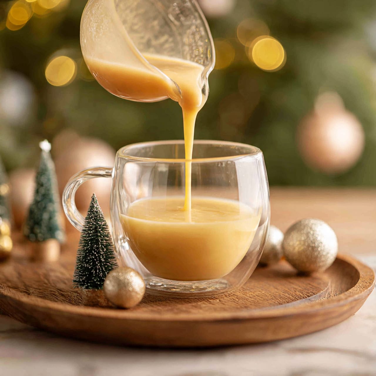 A clear glass cup sits on a round wooden tray with small green Christmas trees and gold and silver ornaments around it. A light brown creamy liquid is being poured from a measuring cup into the cup, creating a smooth flowing stream. The background shows soft blurred green trees and warm lights, with the surface a white marbled texture. The image focuses on the clear cup and the pouring action, highlighting the smooth texture and pale color of the liquid. Photo taken with an iphone --ar 4:5 --v 7