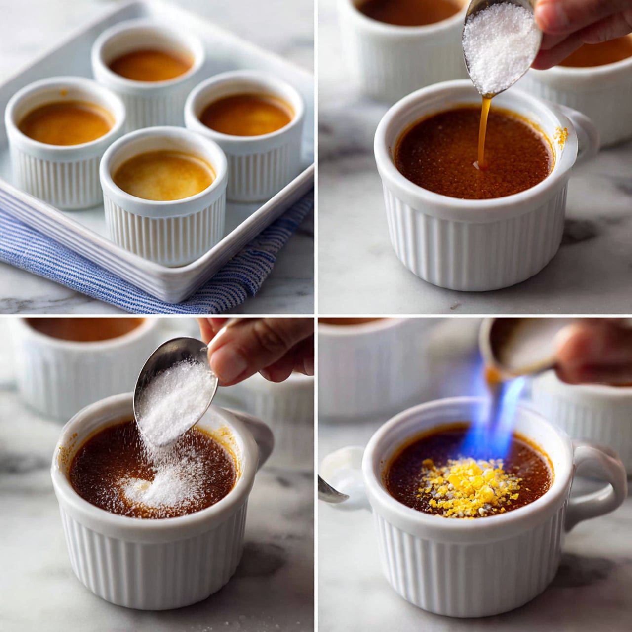 The image shows four steps of making a dessert in white ramekins against a white marbled surface. In the first step, six ramekins on a blue and white striped cloth inside a white tray hold a light brown liquid. In the second, the same ramekins are filled with a darker brown, smooth mixture, evenly spread on top. The third close-up shows a white ramekin with the dark brown surface where white sugar is being sprinkled from a spoon in a curved shape. The final step displays a woman's hand holding a white ramekin with the dark mixture topped with white sugar and some yellow bits, while a small blue flame from a torch caramelizes the topping slightly. photo taken with an iphone --ar 4:5 --v 7
