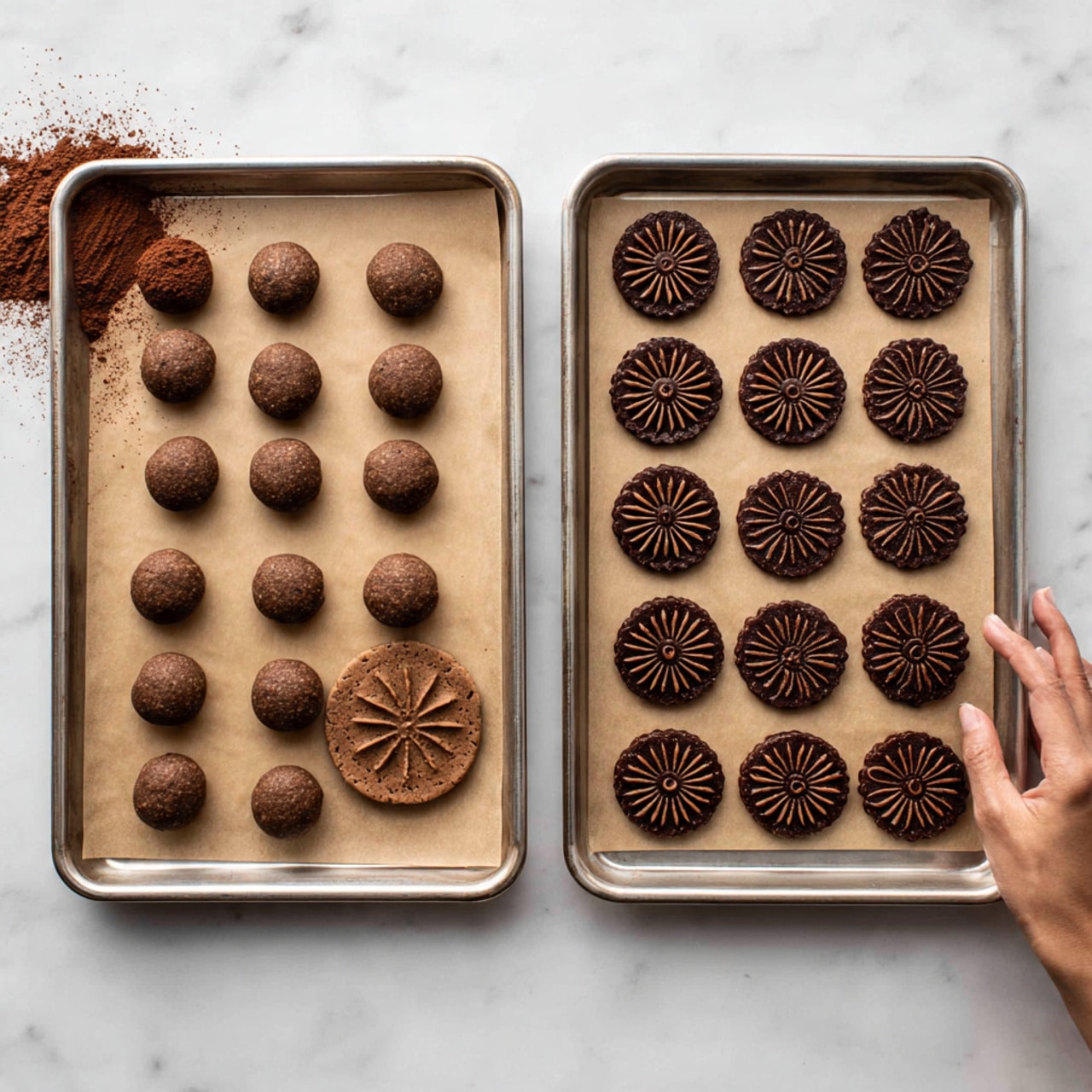 The image shows two metal baking trays lined with light brown parchment paper placed on a white marbled surface. The left tray has small, round, dark brown dough balls evenly spaced with one flattened disc showing a clear, intricate flower-like pattern stamped on its top, next to a hand stamp dipped in cocoa powder resting on the surface beside the tray. The right tray displays evenly spaced dark brown flower-patterned cookie discs, all with a rich, textured surface and a slight shine. photo taken with an iphone --ar 4:5 --v 7