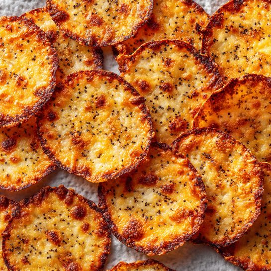 A close-up view of multiple round cheese crisps stacked randomly on a sheet with a white marbled texture underneath. Each crisp is thin and golden with spots of darker brown where the cheese has melted and browned more. The crisps have a bubbly texture with small specks of black seasoning sprinkled evenly on top. Their edges are slightly uneven and crispy, showing a mix of light orange and melted white cheese colors. The overall look is crunchy and well baked. photo taken with an iphone --ar 4:5 --v 7