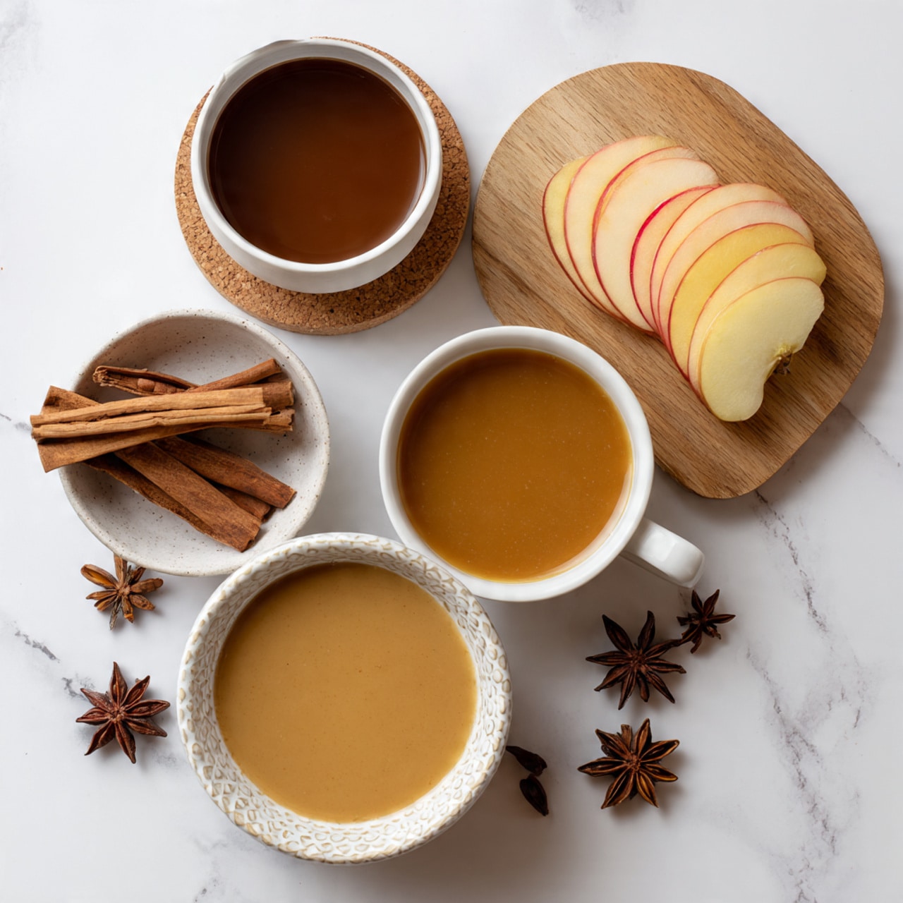 The image shows a collection of ingredients for Apple Cider Chai arranged on a white marbled surface. There is a white bowl filled with brown chai concentrate at the top left, sitting on a small round cork base. To the right, a smaller white bowl holds caramel sauce with a smooth golden-brown texture. Below, a larger white bowl contains a light brown apple cider placed on a small wooden cutting board. Next to it, thin apple slices with red edges are neatly stacked. At the bottom left, a white textured bowl holds several cinnamon sticks with a rough, woody texture. Two star anise pieces with dark brown, spiky shapes are placed near the chai bowl and apple cider. The arrangement is clean and minimal, with warm, earthy colors contrasting against the white marbled surface. Photo taken with an iphone --ar 4:5 --v 7