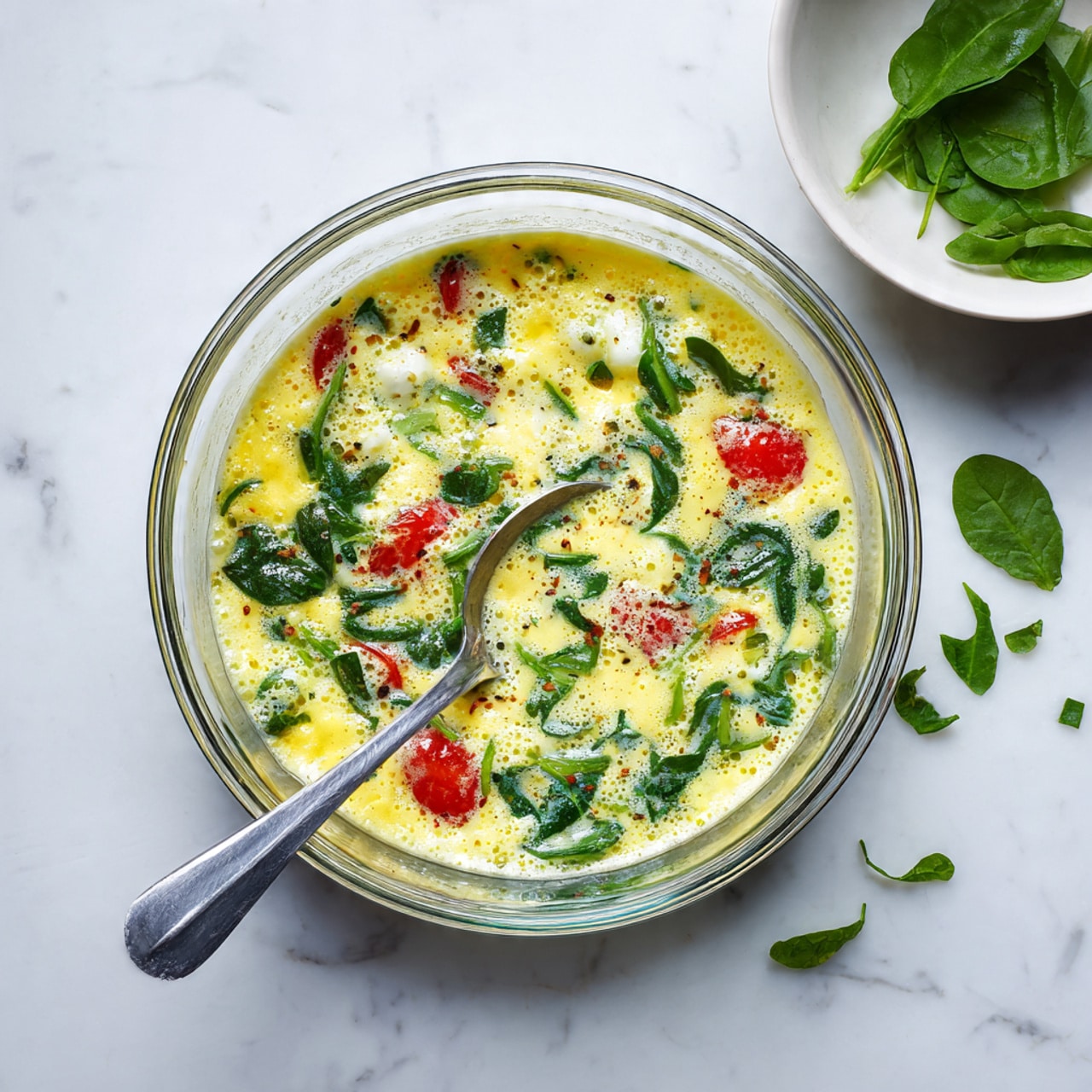A clear glass bowl filled with a mixed egg batter showing visible layers of bright yellow beaten eggs with small white curds, fresh green spinach leaves scattered throughout, and chunks of red tomatoes. A silver spoon rests inside the bowl, partially submerged in the mixture. The bowl sits on a white marbled surface with a white bowl containing extra spinach leaves nearby, some green spinach pieces scattered beside it. Photo taken with an iphone --ar 4:5 --v 7