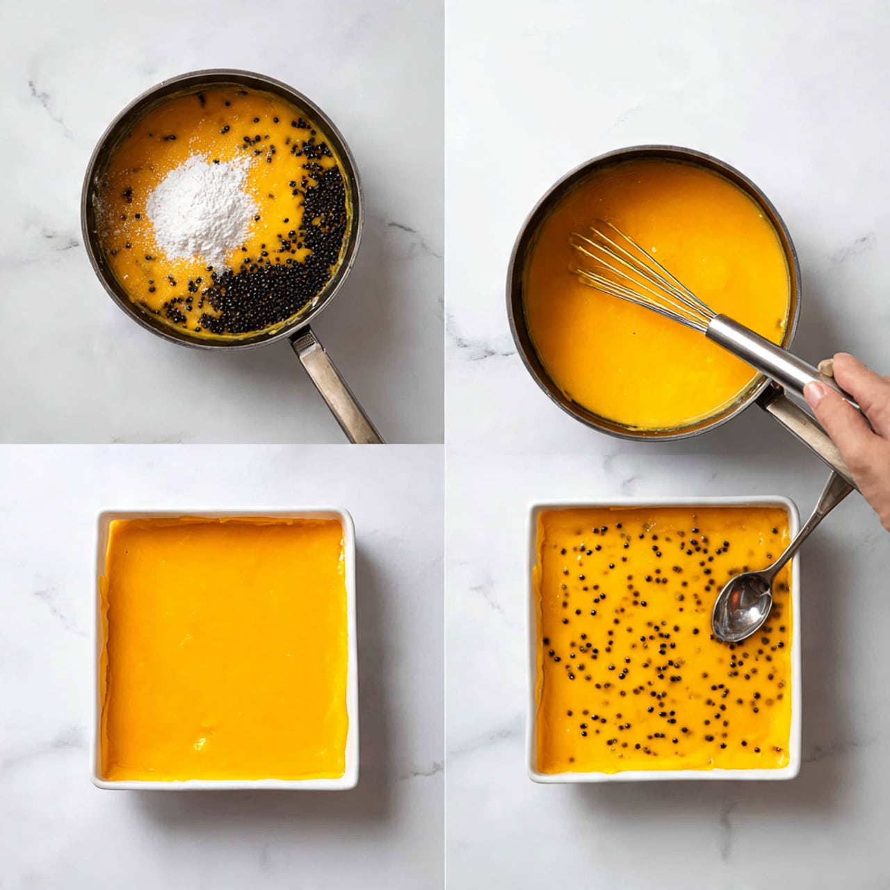 The image shows a step-by-step visual of making a bright yellow-orange fruit mixture with black seeds in a silver pan on a white marbled surface. In the first part (7), the mixture is thick with a pile of white powder on top and a mix of whole seeds and flesh on the side. The second part (8) shows the pan again, where the mixture becomes smooth and creamy with visible black seeds, being stirred by a whisk at the right. The last part (9) shows a white square baking pan lined with parchment paper on the same white marbled surface, filled with the orange mixture spread evenly on a light dough base, with a woman's hand holding the pan and a spoon touching the mixture at the bottom right corner. Photo taken with an iphone --ar 4:5 --v 7