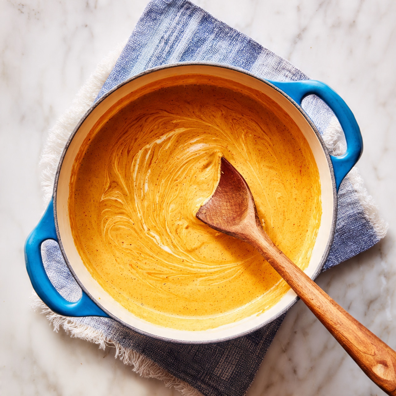 A blue pot with white inside holds a creamy, smooth, light orange sauce that is being stirred by a wooden spatula. The sauce shows soft swirling patterns of different shades of orange and cream. The pot rests on a cloth on top of a surface with a white marbled texture. The photo is taken from above, showing the pot's round shape and handles. photo taken with an iphone --ar 4:5 --v 7