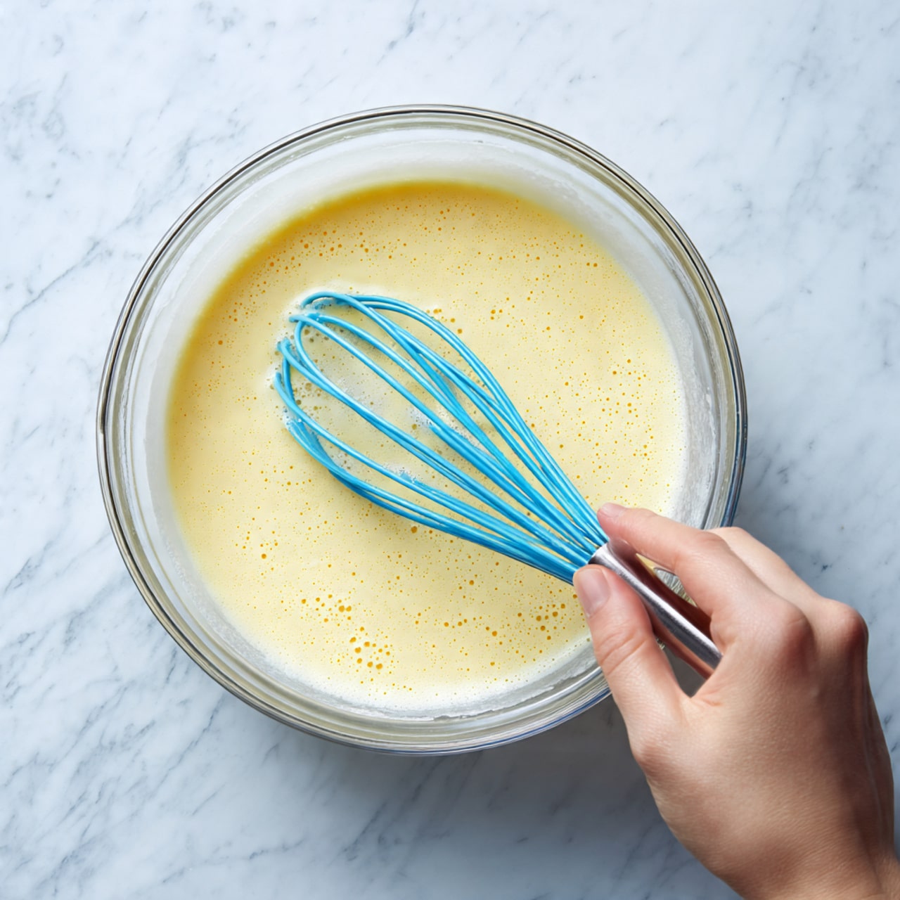 A clear glass bowl filled with pale yellow batter that has small bubbles on the surface. A woman's hand holds a whisk with blue silicone loops and a metal handle, stirring the batter gently. The bowl is set on a white marbled textured surface. photo taken with an iphone --ar 4:5 --v 7