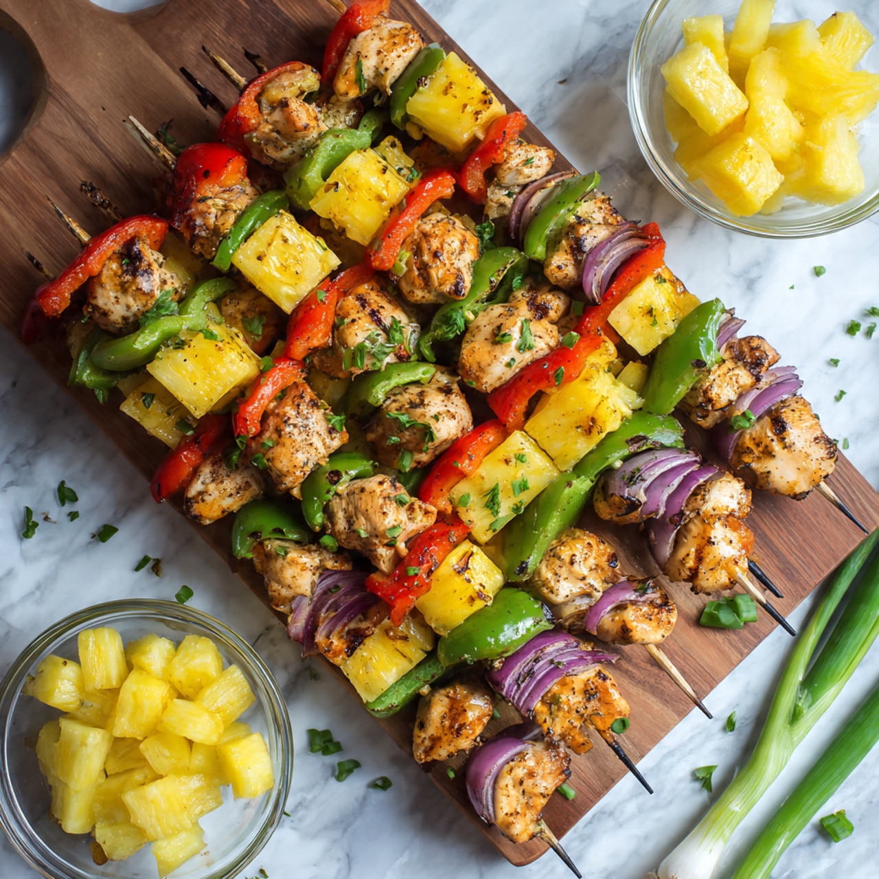 The image shows several grilled skewers neatly placed on a wooden board. Each skewer has layers starting with a chunk of yellow pineapple, followed by bright green bell pepper, juicy grilled light brown chicken pieces with slight char marks, red bell pepper slices, and purple onion pieces. The ingredients repeat in a colorful pattern along the wooden skewers. There are small green garnishes sprinkled over the skewers, adding a fresh touch. On the side, a transparent bowl contains extra yellow pineapple chunks. The whole setup is on a white marbled surface with a few green onion stalks partly visible near the bottom right. photo taken with an iphone --ar 4:5 --v 7