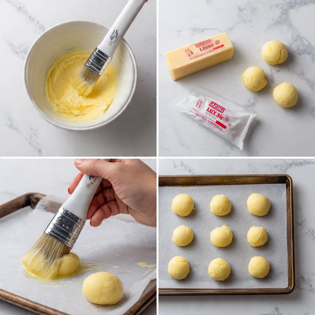 This image shows four steps of making small round dollops of a pale yellow batter with a smooth, creamy texture. In the top left, a white bowl holding the batter is beside a piping bag filled with the same batter and a sharp cheese block with a red and white label placed on a white marbled surface. The top right shows a woman's hand squeezing the piping bag to place round shapes of batter on a baking tray lined with parchment paper. The bottom left features a close-up of a thick brush spreading a shiny layer over the top of one dollop on the tray. The bottom right shows six small, pale yellow mounds neatly spaced on the parchment paper on the tray. Photo taken with an iphone --ar 4:5 --v 7