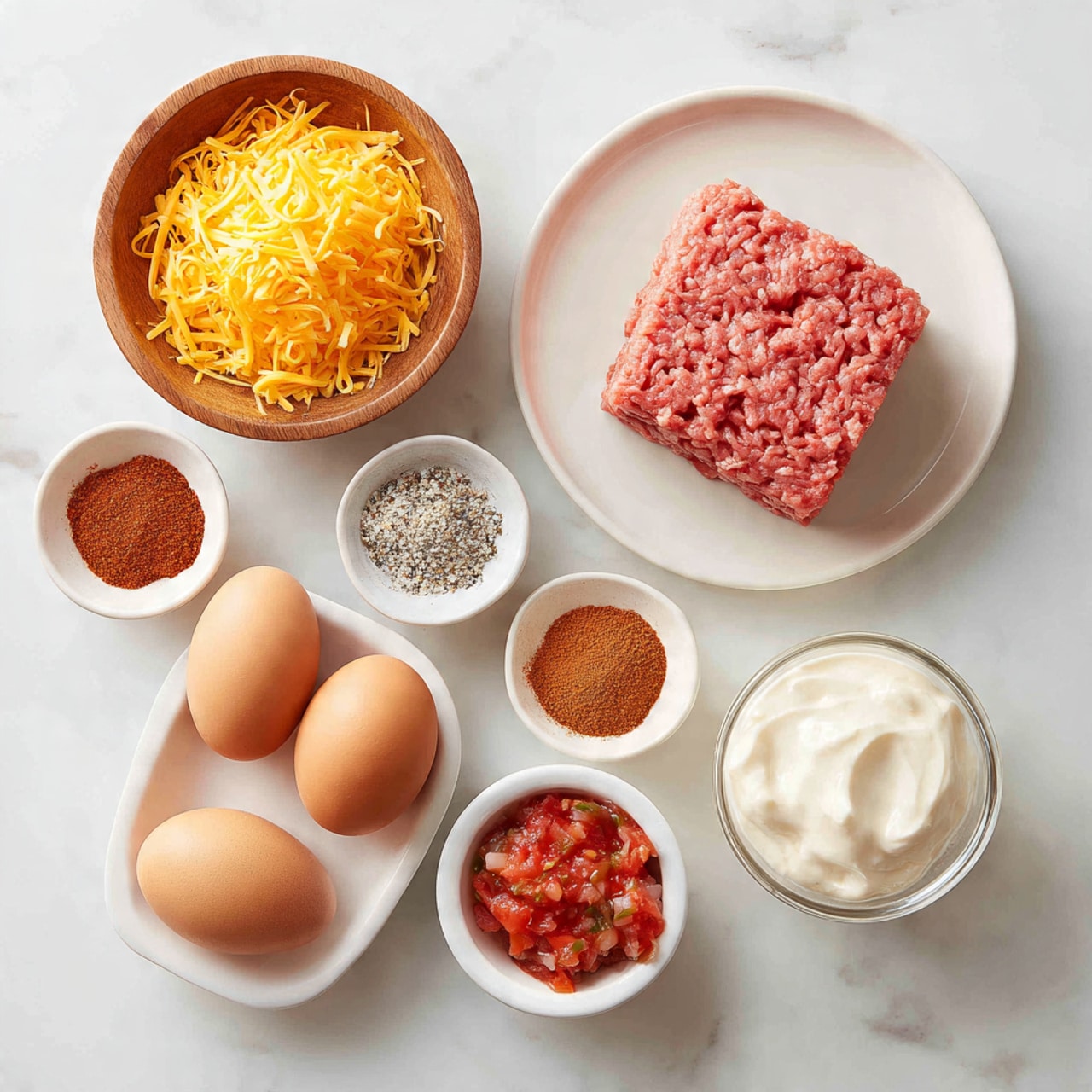 The image shows nine separate small bowls and plates arranged on a white marbled surface, each holding a different cooking ingredient. The largest item is a square block of raw ground beef with a pinkish-red color resting on a white plate. Above this is a white plate holding four brown eggs with smooth shells. To the top left is a wooden bowl full of finely shredded cheddar cheese in a bright orange-yellow color. Below this are three small white bowls containing different seasonings: one with a mixture of garlic salt and black pepper in a white and black speckled texture, one with reddish-brown taco seasoning powder, and one with salsa showing red tomato pieces and some green bits. Below these bowls is another white bowl with heavy whipping cream, smooth and white in color. The layout is neat and clear, with each item distinctly separated. Photo taken with an iphone --ar 4:5 --v 7