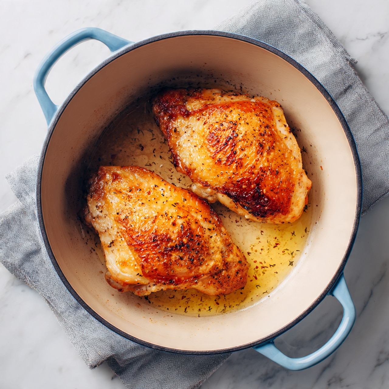 Two golden brown chicken pieces with a crispy texture are frying in a light beige pot with black rim, which has a blue handle. The pot is sitting on a folded gray cloth on a white marbled surface. The chicken pieces are side by side, slightly sizzling in a thin layer of oil in the pot. photo taken with an iphone --ar 4:5 --v 7