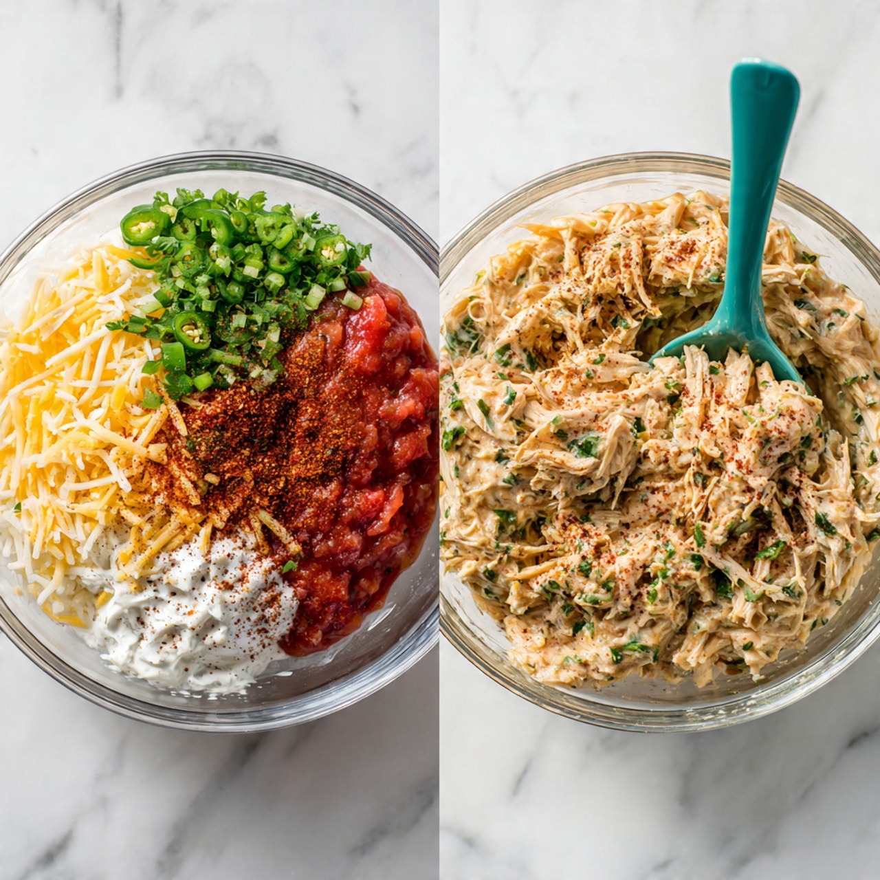 The image shows two side-by-side clear glass bowls on a white marbled surface. The left bowl contains seven distinct layers: a white creamy layer on the left, bright red salsa below it, shredded light yellow cheese to the right, shredded light brown chicken pieces above the cheese, chopped green jalapeños in the center, fresh green chopped herbs on top left, and a reddish-brown spice powder sprinkled near the chicken. A teal spoon rests inside this bowl. The right bowl shows all ingredients fully mixed into a creamy, light brown, chunky spread with bits of green herbs visible throughout, and the same teal spoon is partly inside. Photo taken with an iphone --ar 4:5 --v 7