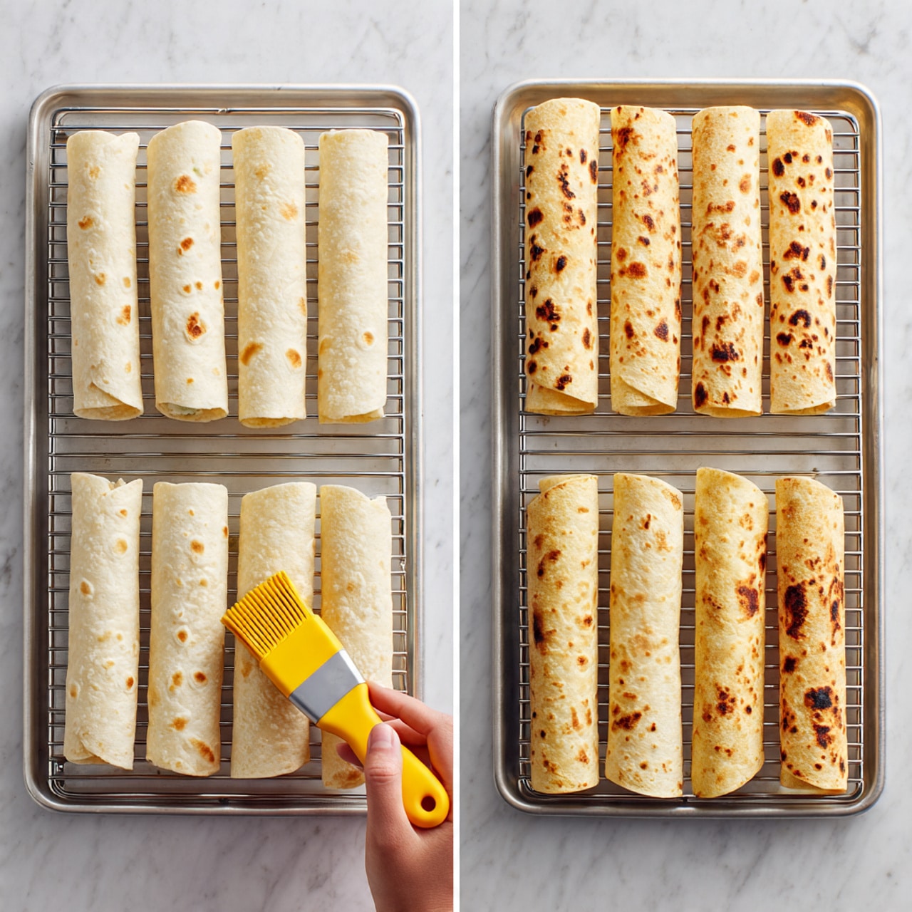 The image shows two metal cooling racks with rolled tortillas placed evenly in two rows on each rack. In the left part, twelve pale rolled tortillas with light brown spots appear; a woman's hand is brushing oil or sauce onto one tortilla using a yellow brush. The right part shows the same racks and tortillas, but now they are golden brown and have toasted marks on the surface, showing they are cooked. Both racks are on a white marbled surface. Photo taken with an iphone --ar 4:5 --v 7