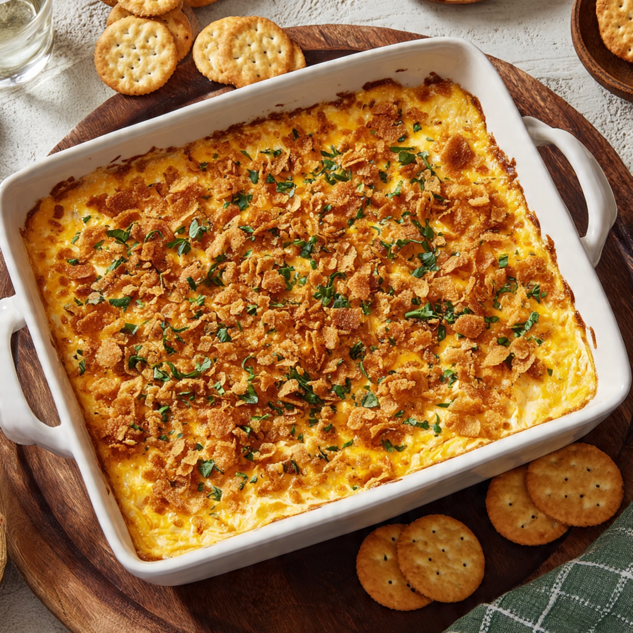 A white square baking dish filled with creamy corn casserole topped with a golden brown crumbly layer, sprinkled with small green herb bits. The casserole has two clear layers: a thick creamy yellow corn base with visible whole corn kernels beneath a crunchy brown topping. A metal spoon scoops out part of the casserole from the bottom left, showing the soft texture inside. The dish sits on a white marbled surface with round pale crackers nearby. photo taken with an iphone --ar 4:5 --v 7