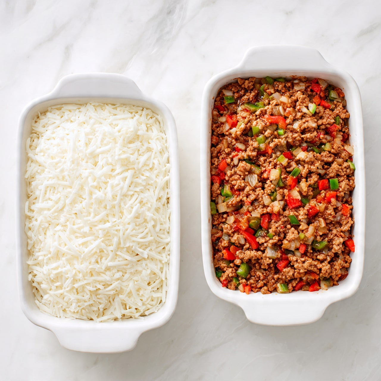 Two white rectangular dishes are shown on a white marbled surface. The first dish has one layer filled with shredded white cheese that covers the entire surface evenly with a soft, fluffy texture. The second dish shows a layer of cooked ground meat mixed with diced red and green bell peppers and chopped onions, creating a colorful mix of brown, red, and green pieces with a slightly crumbly and moist look. Both layers fill their dishes fully, showing a contrast between the creamy cheese layer and the mixed meat and vegetable layer. Photo taken with an iphone --ar 4:5 --v 7