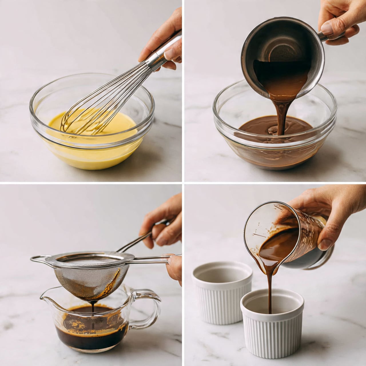 The image shows a sequence of four steps in making a smooth chocolate mixture. In step 5, a woman's hand holds a silver whisk mixing a light yellow mixture in a clear glass bowl while pouring a darker brown chocolate liquid from a metal bowl into it. In step 6, the chocolate mixture in the clear glass bowl is being stirred with the whisk, and a woman's hand is adding a small amount of dark vanilla liquid from a small clear glass cup. Step 7 shows the chocolate mixture being poured through a metal fine sieve over a clear glass container with a spout, set on a white marbled surface. Finally, step 8 features a woman's hand pouring the filtered chocolate mixture from a clear measuring cup into two round white ramekins, placed on the same white marbled surface with an empty white ramekin nearby. Photo taken with an iphone --ar 4:5 --v 7