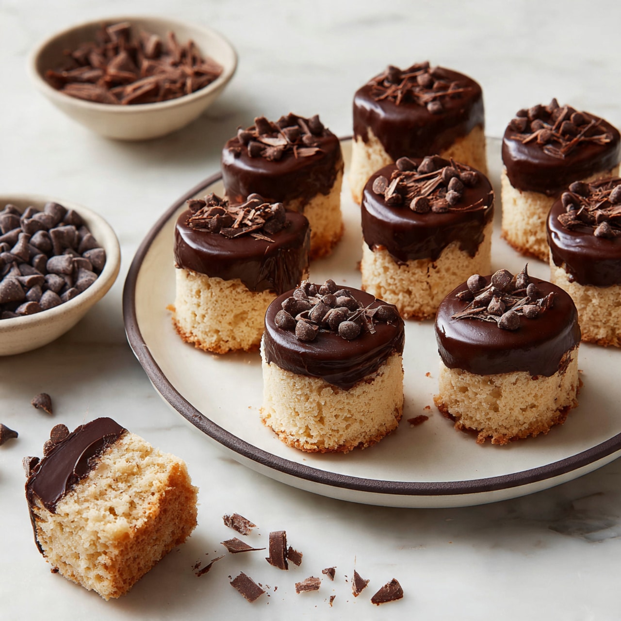The image shows round mini cakes with two visible layers on a white plate with a dark rim. The bottom layer is light creamy beige with a soft texture, while the top layer is thick dark chocolate frosting coated smoothly and topped with small dark chocolate chips. Some mini cakes have smudges of chocolate around their base, and one is broken with crumbs spread nearby on a white marbled surface. A small bowl with more chocolate chips is visible in the background. photo taken with an iphone --ar 4:5 --v 7