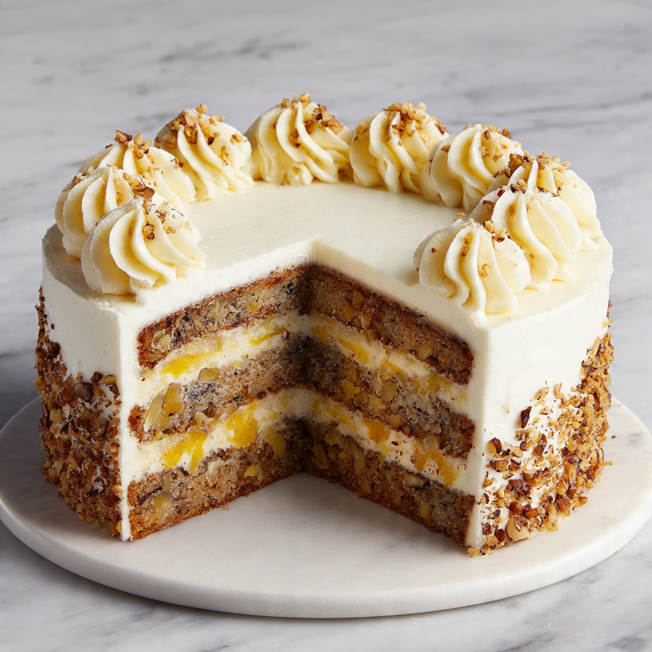 A three-layer cake with light brown, textured sponge showing bits of nuts and yellow pieces, each layer separated by a thin layer of smooth, white frosting. The outside of the cake is covered with a thick white frosting layer. The top edge is decorated with swirls of white frosting sprinkled with small brown nut pieces. The cake is placed on a white marbled surface. Photo taken with an iphone --ar 4:5 --v 7