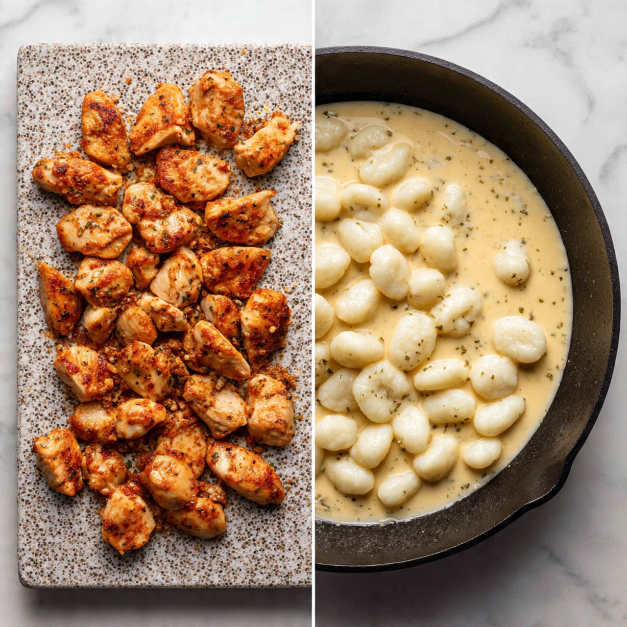 The left side shows small pieces of cooked, lightly browned and seasoned chicken with a slightly crispy texture, spread out on a speckled gray cutting board. On the right side, there is a black cast iron skillet filled with creamy light orange sauce. On top of the sauce, the cooked chicken pieces are gathered on one side, while uncooked white gnocchi are placed on the other side, both resting evenly in the sauce. The background is a white marbled surface. photo taken with an iphone --ar 4:5 --v 7