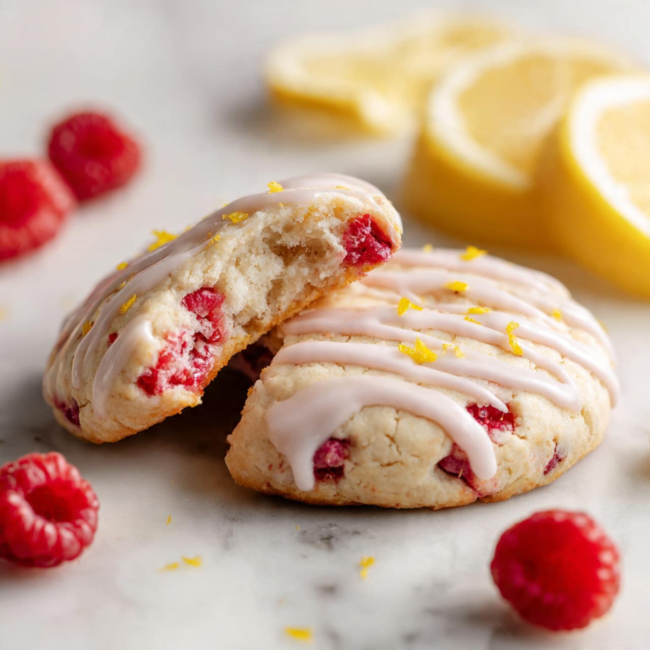 Two round pastries are placed on a metal cooling rack over a white marbled surface. Each pastry has a thick crumbly base with a mix of white and light yellow textures, showing bits of red fruit embedded inside. They are topped with pale pink glaze drizzled in a crosshatch pattern, along with scattered small yellow zest pieces. The pastries appear soft and moist with a crumbly topping. photo taken with an iphone --ar 4:5 --v 7