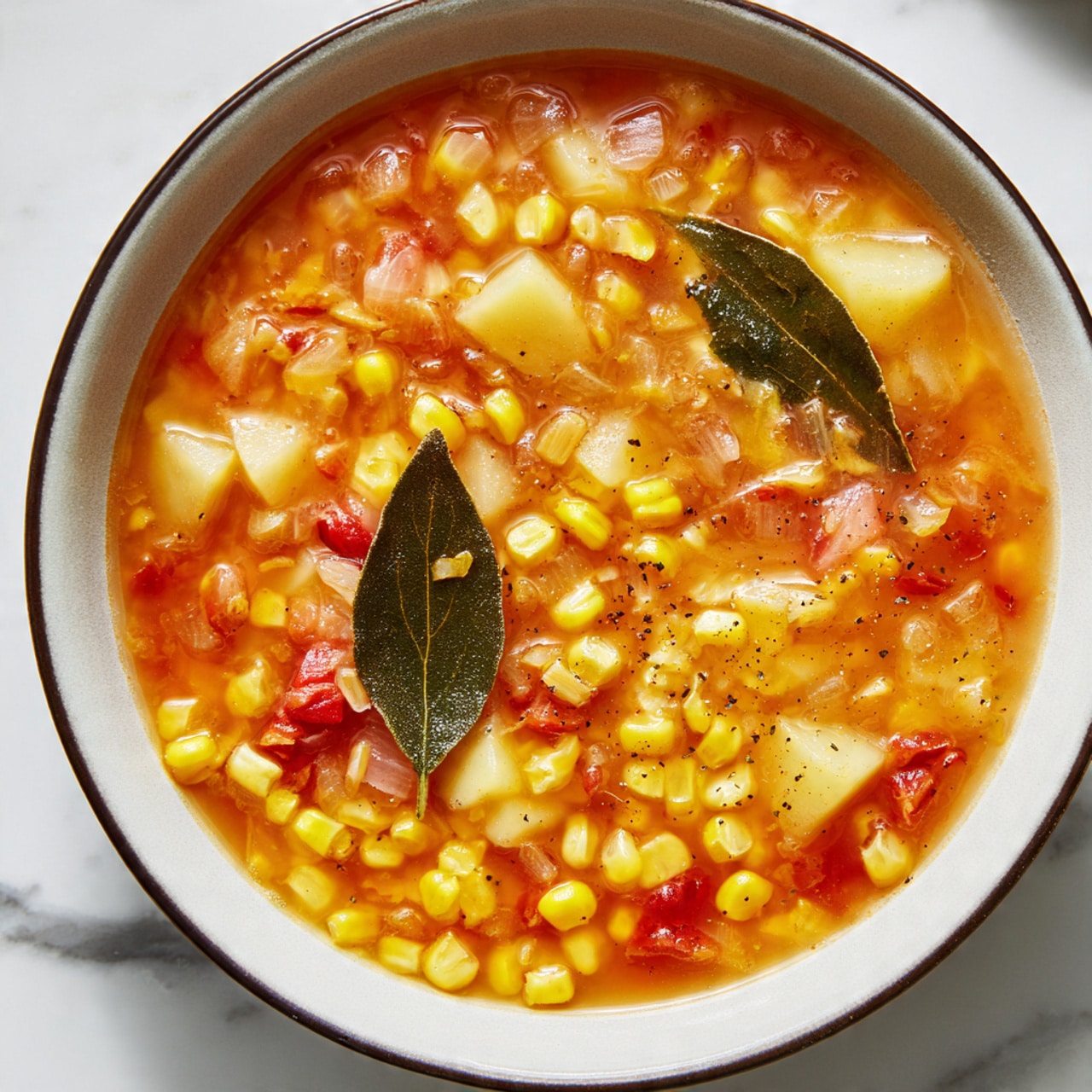 A close-up of a bowl filled with soup showing bright yellow corn kernels scattered on top and large chunks of pale yellow potatoes beneath them. The soup broth is a rich orange-red color with pieces of diced red tomatoes and translucent onions mixed throughout. Two fresh green bay leaves lie on top as garnish. The bowl is white with a thin dark rim, and the background is a white marbled surface. Photo taken with an iphone --ar 4:5 --v 7
