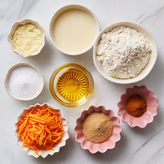 The image shows eight small white bowls arranged on a white marbled surface. Starting from the top right, there is a bowl filled with off-white flour, next to it is a bowl with a light beige liquid labeled dairy-free milk. Below these, there is a golden-yellow oil in a glass bowl with a sunburst pattern inside. To the bottom right, a pink scalloped-edged bowl contains white baking powder. In the center, a bowl holds light brown packed brown sugar. To the left of that is a small white bowl with white granulated sugar. Above this is a white scalloped bowl filled with bright orange shredded carrots. Finally, to the bottom left, another scalloped bowl contains three different spices in powder form, showing tan, reddish-brown, and dark brown colors. All bowls sit on a clean white marbled surface. photo taken with an iphone --ar 4:5 --v 7