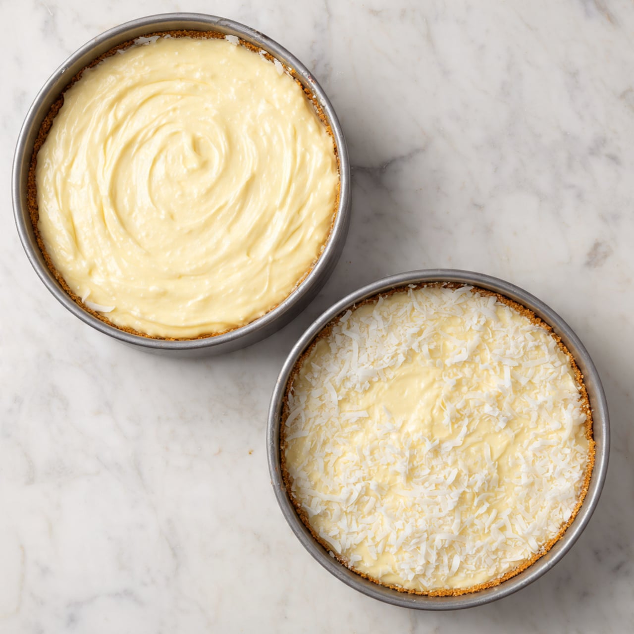 Two round baking pans with three visible layers each are shown from above on a white marbled texture. The bottom layer is golden brown and chunky, the second layer is white and shredded, resembling coconut, spread evenly over the bottom. The top layer is a thick, smooth, pale yellow batter dolloped in the center of each pan, with soft swirls and a creamy texture, covering part of the white layer but not reaching the edges. Photo taken with an iphone --ar 4:5 --v 7