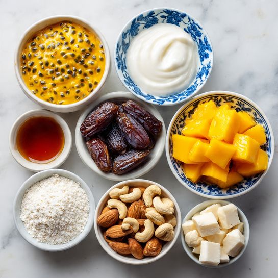 The image shows eight small bowls arranged on a white marbled surface, each containing a different ingredient. Starting from the top left, there is a bowl with yellow passionfruit pulp with black seeds, followed by a white bowl with blue leaf patterns filled with smooth, white dairy-free yogurt. To the right is a bowl full of bright yellow-orange frozen mango chunks. Below the passionfruit is a bowl of dark brown dried dates, next to it a white bowl filled with medium brown almonds. Next to the mango is a bowl with pale beige cashews. Below the almonds is a bowl with dark amber maple syrup, and on the bottom right are two smaller white bowls, one containing white corn starch powder and the other filled with slightly off-white cacao butter chunks. photo taken with an iphone --ar 4:5 --v 7