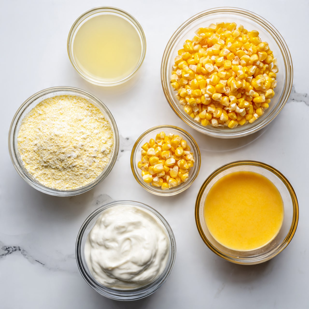The image shows a top-down view of two white bowls placed on a white marbled surface. On the left, there is a clear glass mixing bowl with some creamy pale yellow mixture coating its inside, with a silver spoon resting inside the bowl. On the right, there is a white rectangular baking dish filled with a thick layer of a pale yellow textured mixture, spread evenly across the surface. The mixture appears slightly lumpy, indicating some small chunks mixed in. The overall look is clean and simple, with soft lighting highlighting the creamy texture of the mixture. photo taken with an iphone --ar 4:5 --v 7