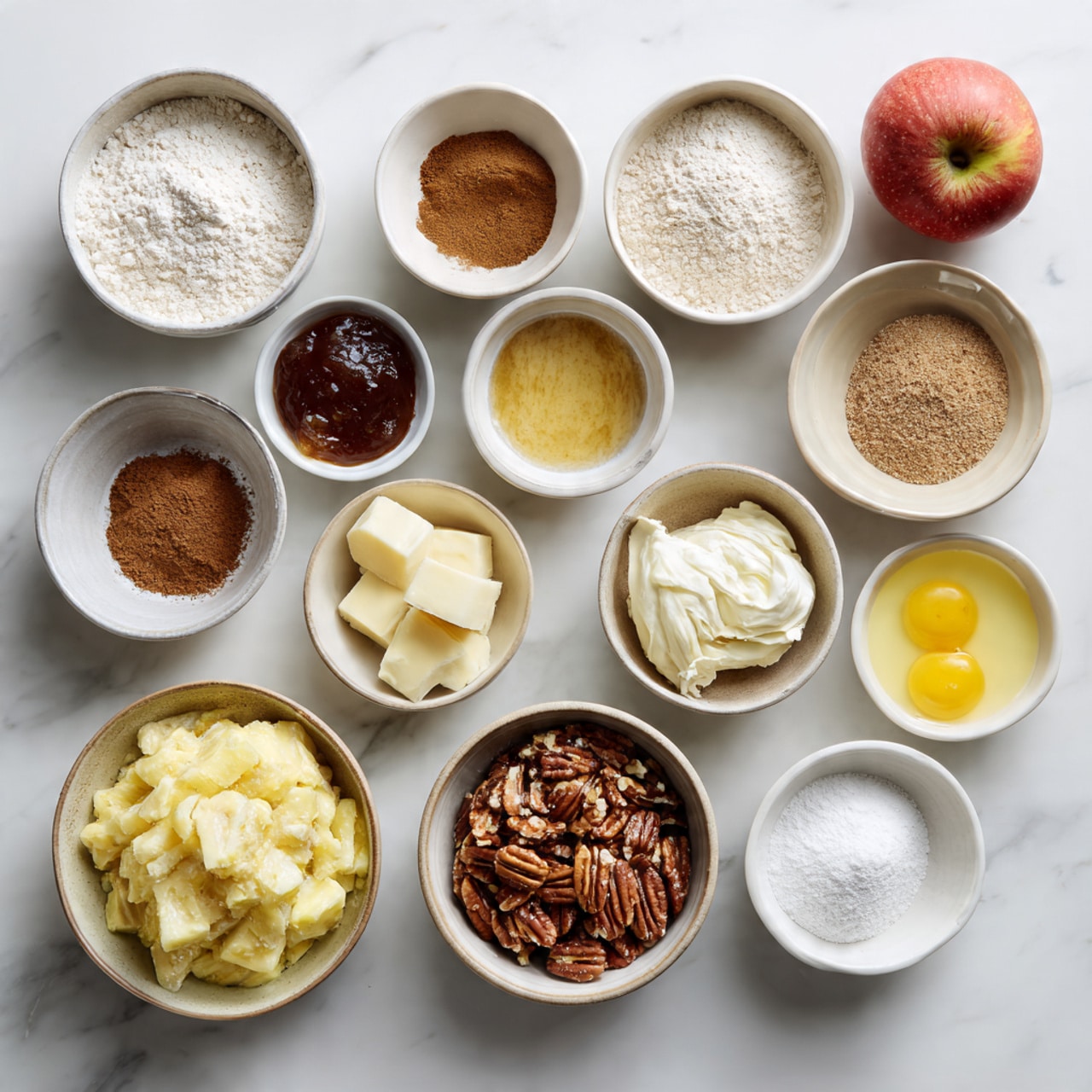 The image shows the process of making a hummingbird cake in nine steps. Step 1 has a white bowl with flour and three brown powders on top. Step 2 shows a white bowl with three eggs, brown sugar, and oil. Step 3 features a white bowl with a smooth, light brown batter being whisked. Step 4 shows mashed bananas and vanilla being added to the batter in the white bowl. Step 5 has a whisk stirring the thicker banana mixture in the white bowl. Step 6 shows a spoon in a slightly darker, thicker batter in the white bowl. Step 7 has chopped pecans being stirred into the batter with a spoon in the white bowl. Step 8 shows three round pans filled with the cake batter, placed on a white marbled surface, surrounded by bananas and pineapple. Step 9 shows the three baked cake layers, golden brown, still in the pans, with bananas and pineapple nearby. Photo taken with an iphone --ar 4:5 --v 7