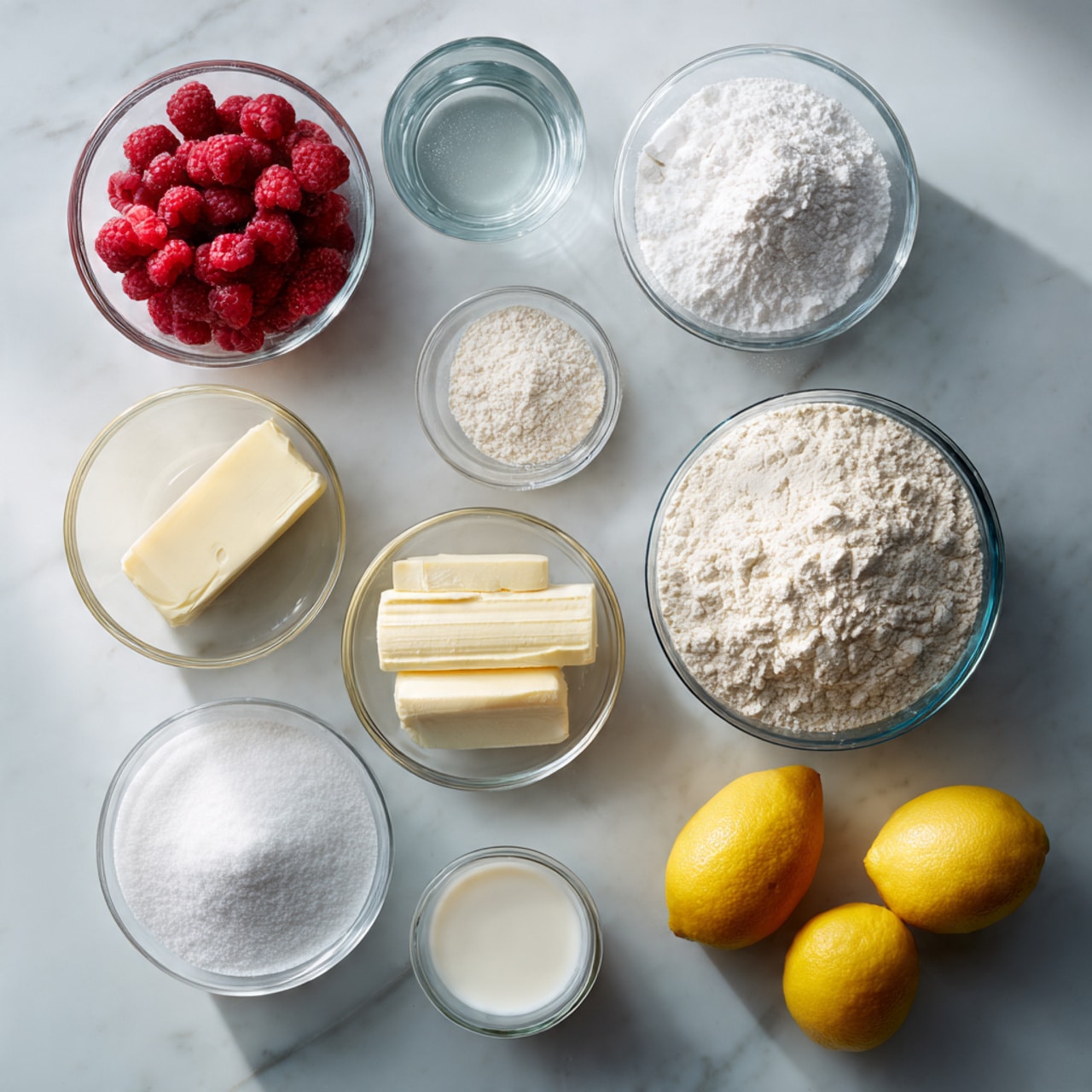 The image shows a white marbled surface with several clear glass bowls and containers holding different ingredients. On the top left, a small bowl contains bright red frozen raspberries. Next to it, a small clear cup has water. Below, a medium bowl is filled with white gluten-free flour with a powdery texture. In the middle, there is a small bowl of fine white baking powder, a medium bowl of white confectioners' sugar, and a rectangular stick of pale yellow butter. Near the bottom left, a large bowl holds white granulated sugar, while a medium bowl with white cornstarch water sits above it. Small containers with white kosher salt and white milk are placed near three bright yellow lemons in a medium bowl on the bottom right. The lighting is natural and the items are neatly arranged, photo taken with an iphone --ar 4:5 --v 7