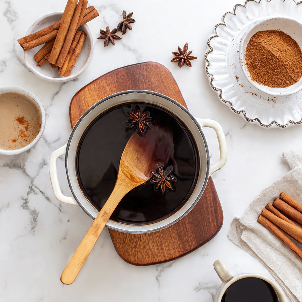 A top view of a pot filled with dark brown liquid with two cinnamon sticks and a star anise floating in it, a wooden spoon resting on the edge of the pot. Around the pot on a white marbled surface, there is a wooden cutting board under the pot, a white bowl with brown powder, a white bowl with light brown liquid, a white scalloped plate holding cinnamon sticks and star anise, and a small white cup with dark brown liquid. photo taken with an iphone --ar 4:5 --v 7