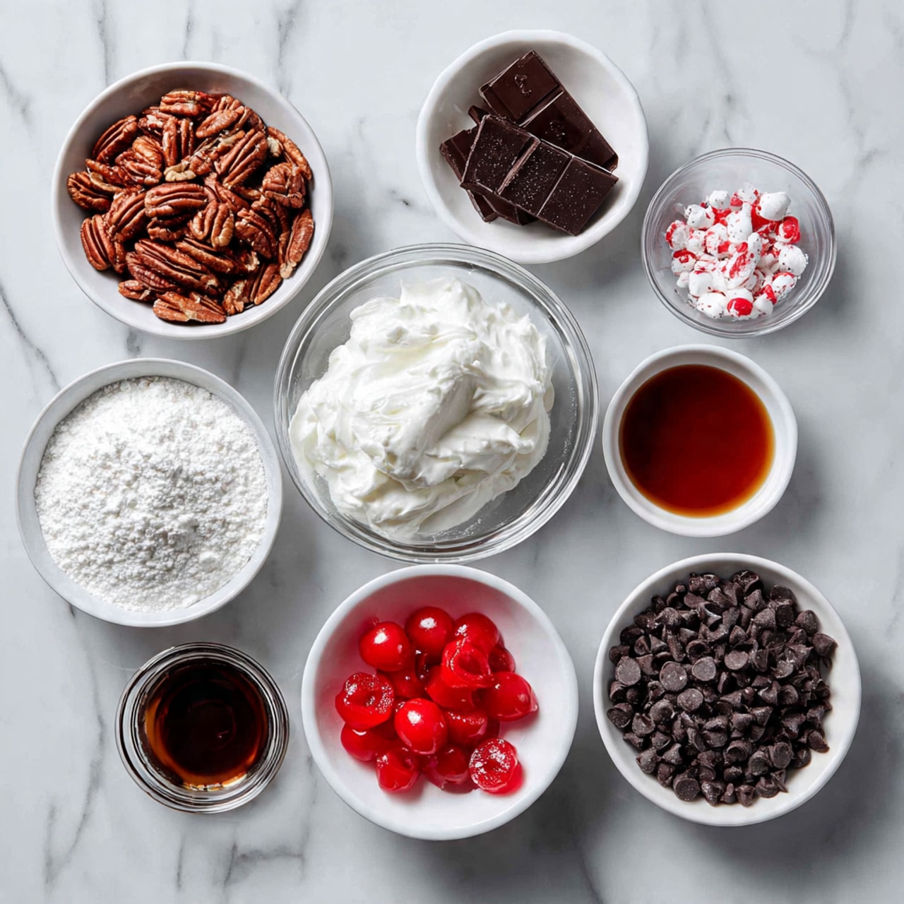 There are several round chocolate-covered treats arranged on a light brown parchment paper over a white marbled surface. Each treat is coated in dark, shiny chocolate with a smooth texture and topped with a glossy red cherry. One treat in the front has a bite taken out, showing three layers inside: a dark brown chocolate shell on the outside, a white cake-like layer in the middle, and a bright red cherry filling at the center. The treats are spaced evenly, and a few more cherries are scattered in the background, giving a festive look. photo taken with an iphone --ar 4:5 --v 7