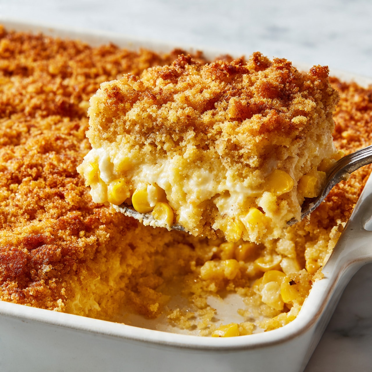 A close-up view of a white rectangular baking dish filled with a baked corn casserole. The casserole has three visible layers: the bottom layer is creamy and light yellow with a smooth texture, the middle layer is chunky with whole corn pieces mixed throughout, and the top layer is a thick, golden-brown crumb crust that looks crispy and slightly rough. A spoon is lifting a portion of the casserole, showing the soft creamy layers beneath the crunchy top. The background is a white marbled texture. Photo taken with an iphone --ar 4:5 --v 7